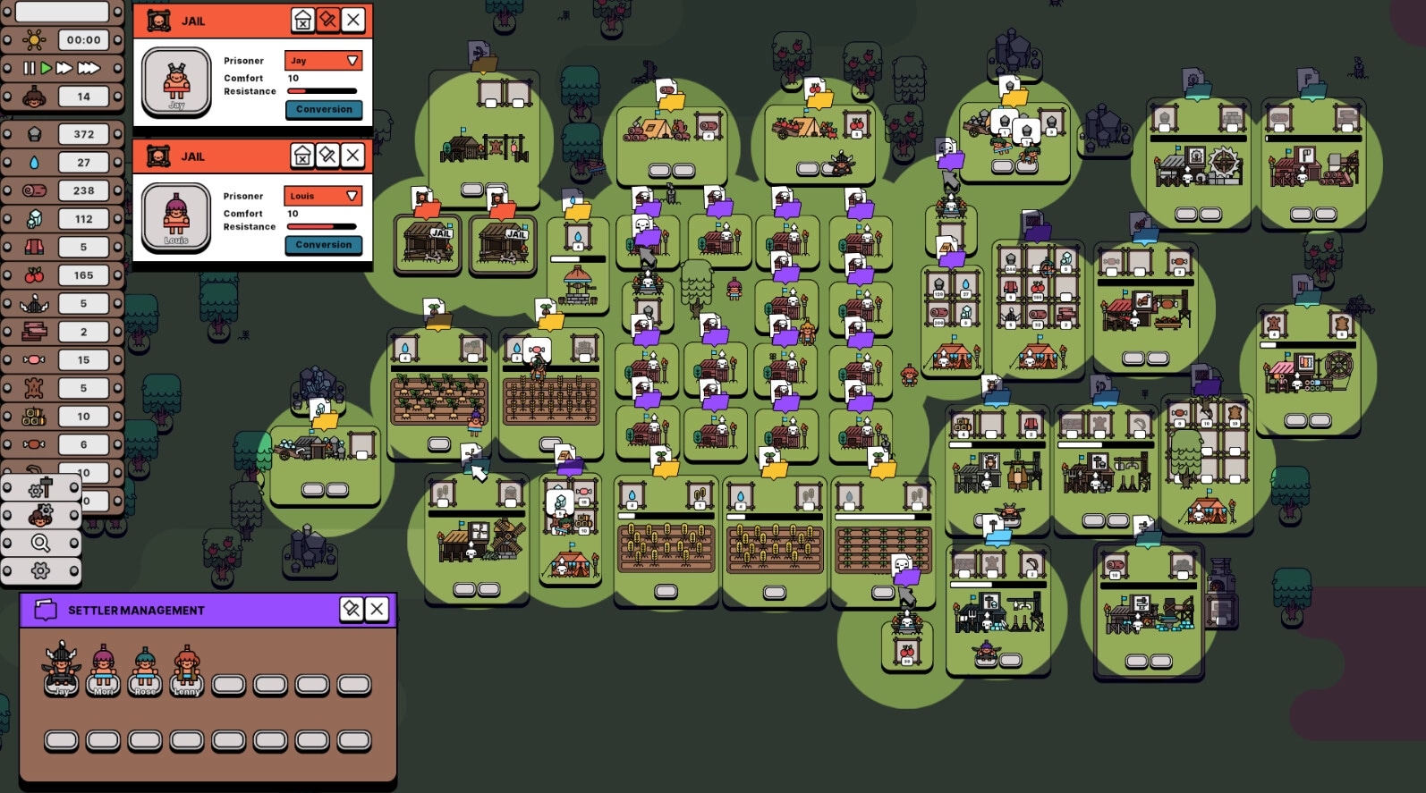 Pick Me Up: Overhead view of colony with jail management panels and settler management interface visible.