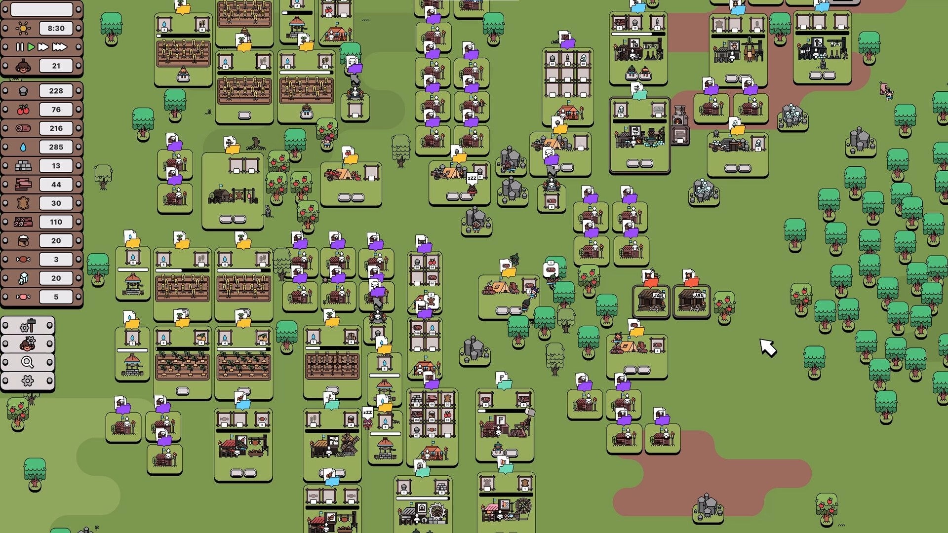 Pick Me Up: Overhead view of bustling colony with resource counters and building structures on grassy terrain.