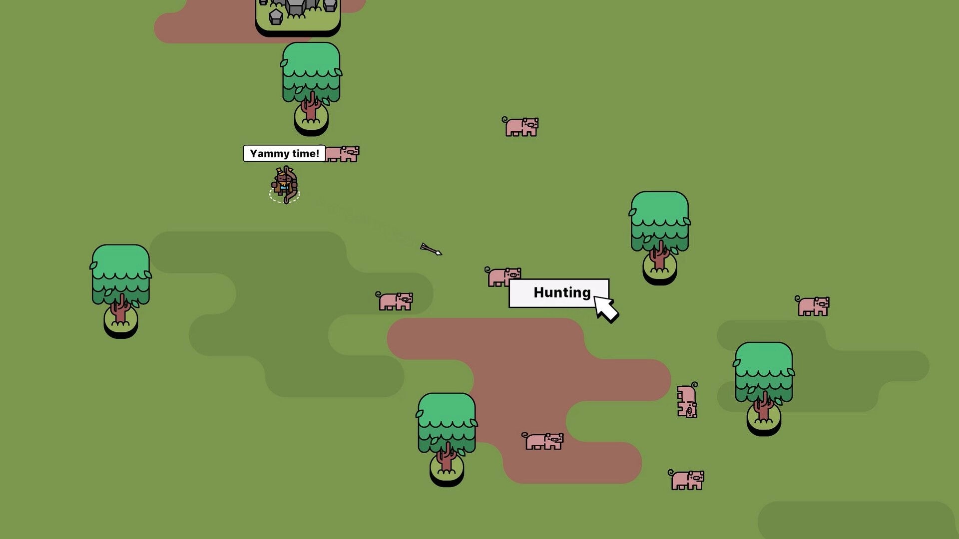 Pick Me Up: Hunting scene with player aiming at animals in a forested area, cursor on "Hunting"