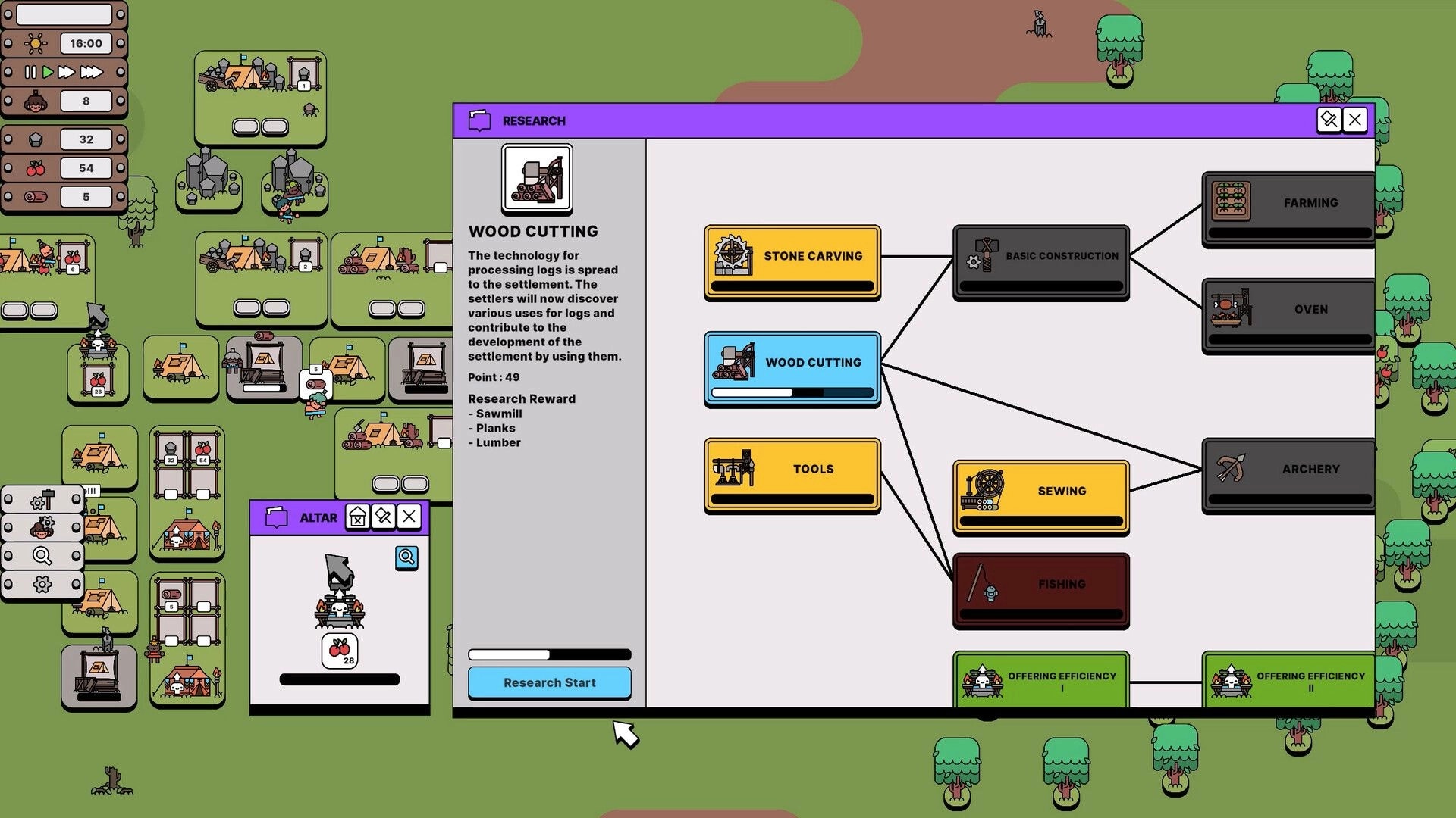 Pick Me Up: Research tree interface with wood cutting highlighted, surrounded by colony buildings and trees.