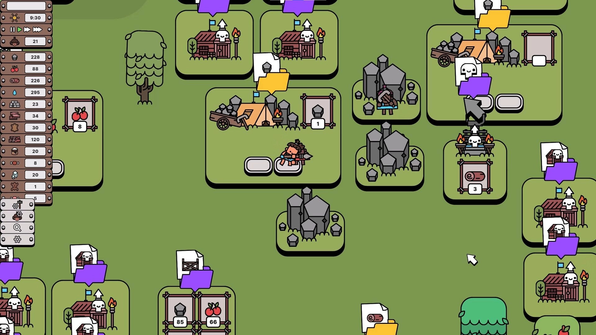 Pick Me Up: Resource management interface with character gathering stones in a grid-based colony setting.