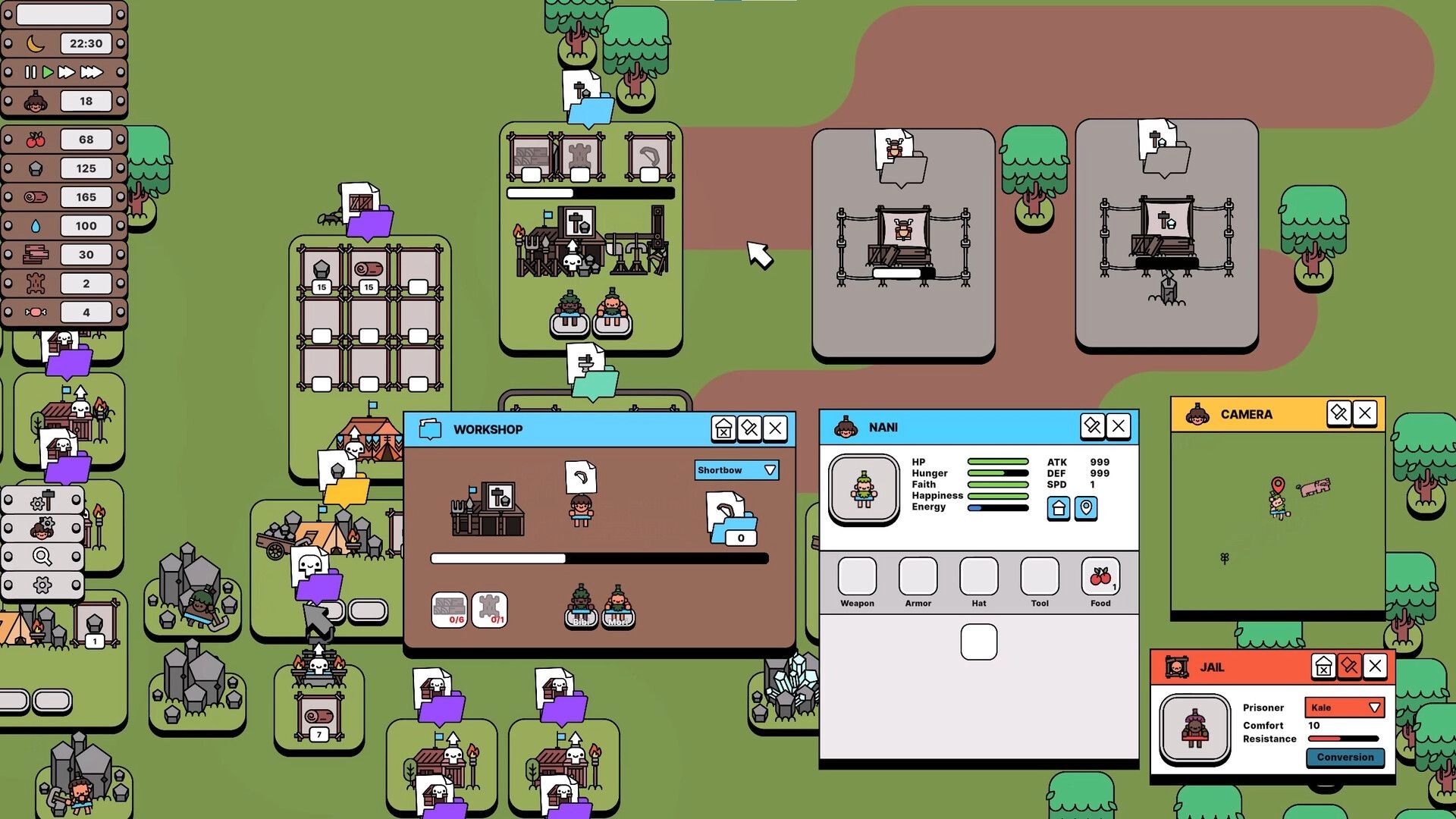 Pick Me Up: Overhead colony map with character stats, workshop, and jail interfaces visible