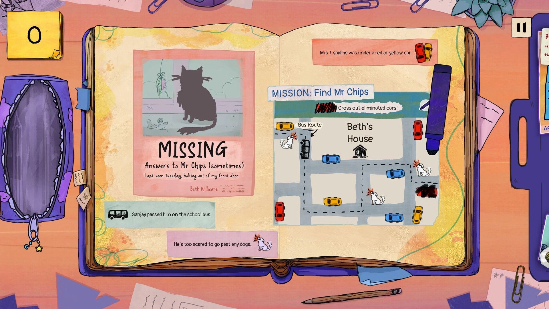 Pieced Together: Open scrapbook with Mr. Chips missing poster and map to find him near Beth's house.