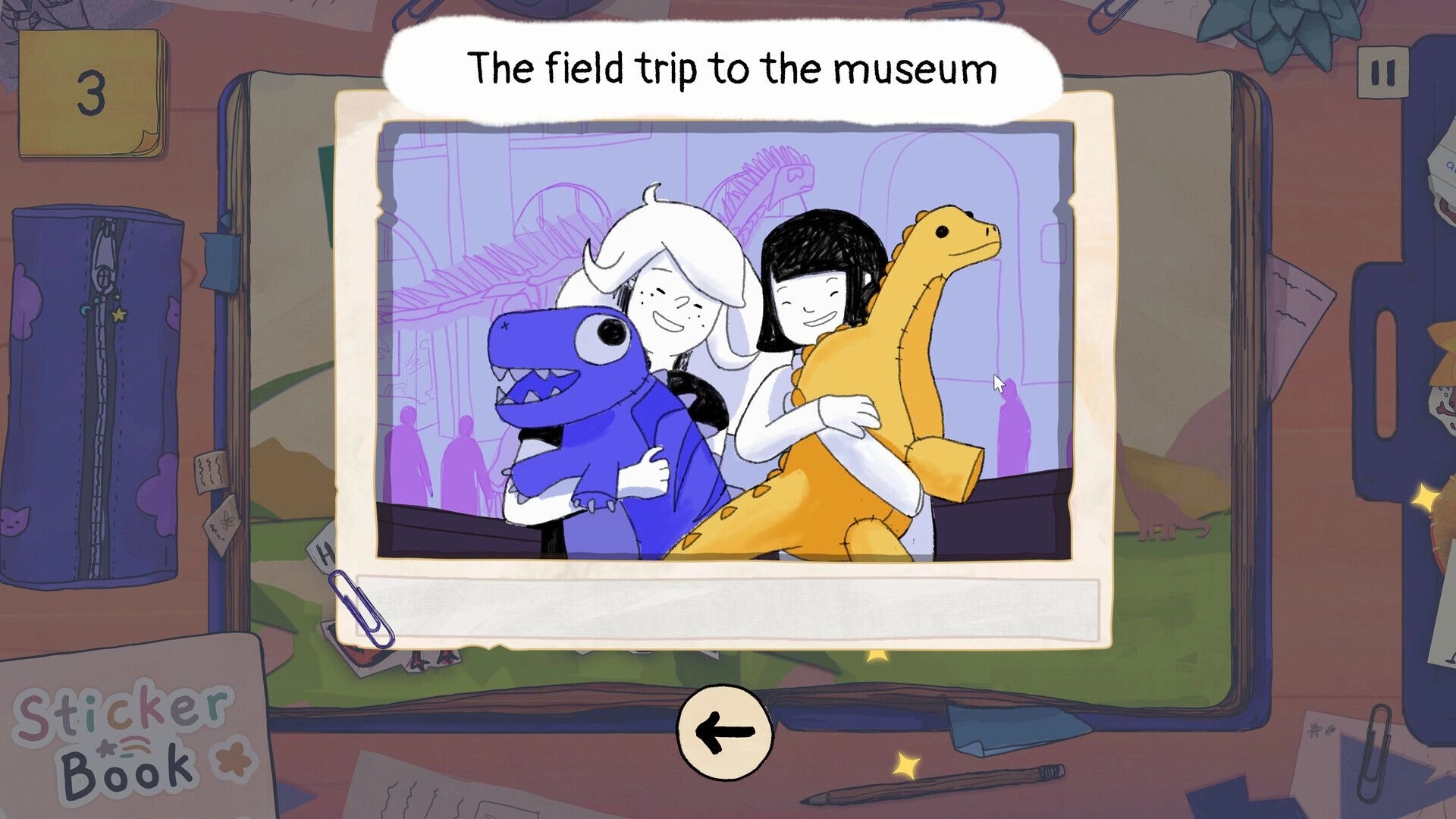 Pieced Together: Two characters hug dinosaur toys in a scrapbook photo labeled "The field trip to the museum"