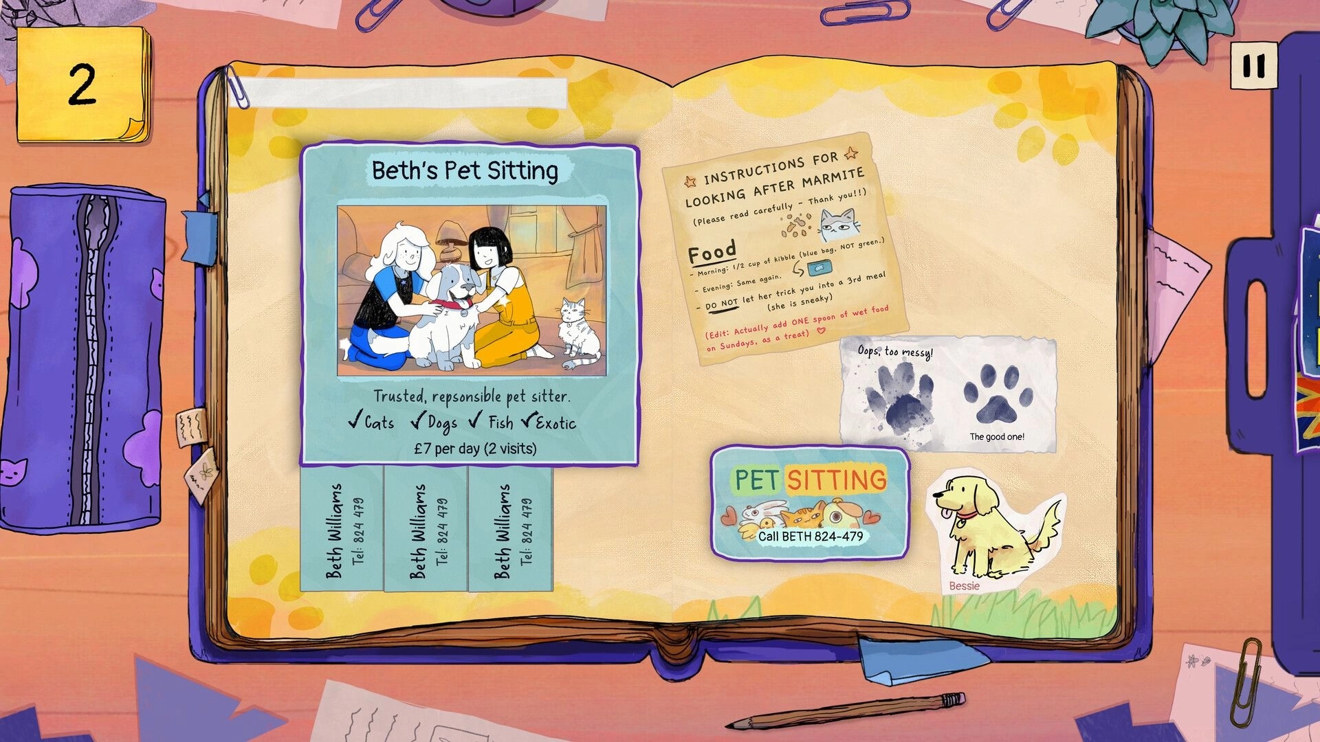 Pieced Together: Scrapbook page with Beth's Pet Sitting flyer and pet care instructions on a desk.