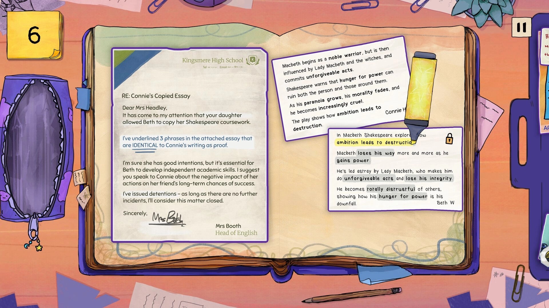Pieced Together: Open scrapbook with highlighted essay on plagiarism and notes about Macbeth's ambition