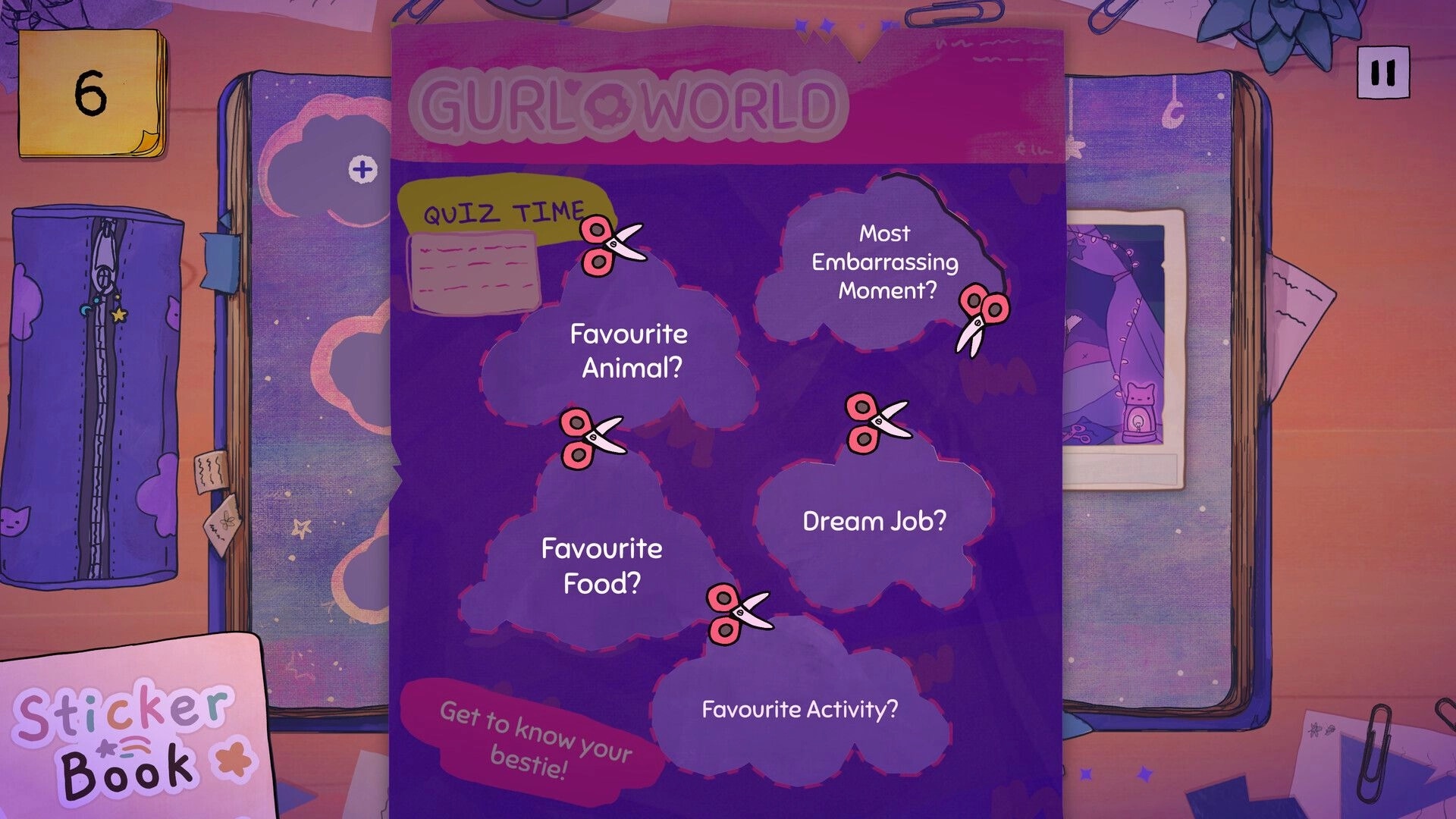Pieced Together: Quiz page with questions and scissors icons in a scrapbook, alongside a sticker book.