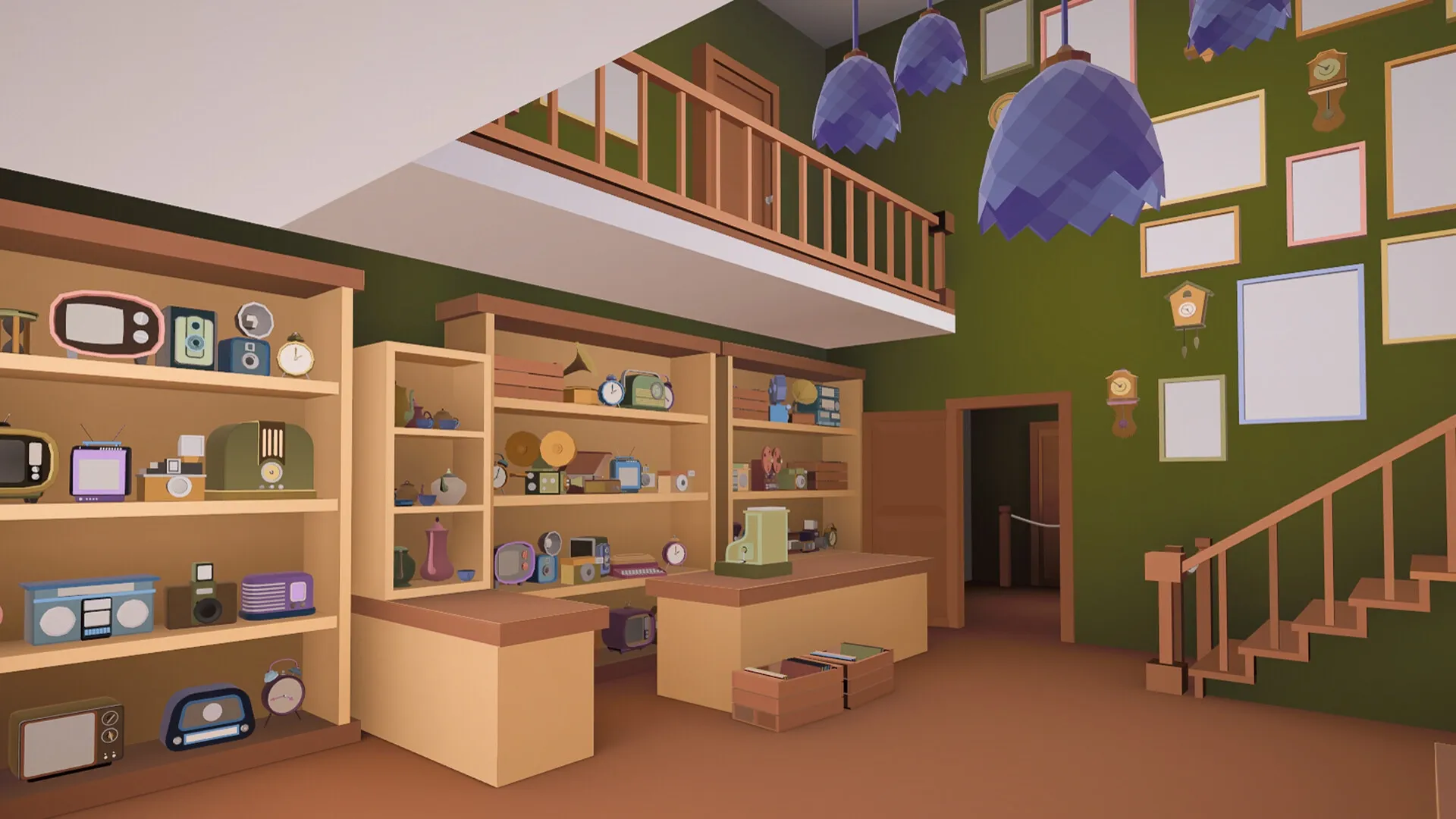Pieces of the Past: Antique store interior with shelves of vintage radios and clocks, stairway to loft