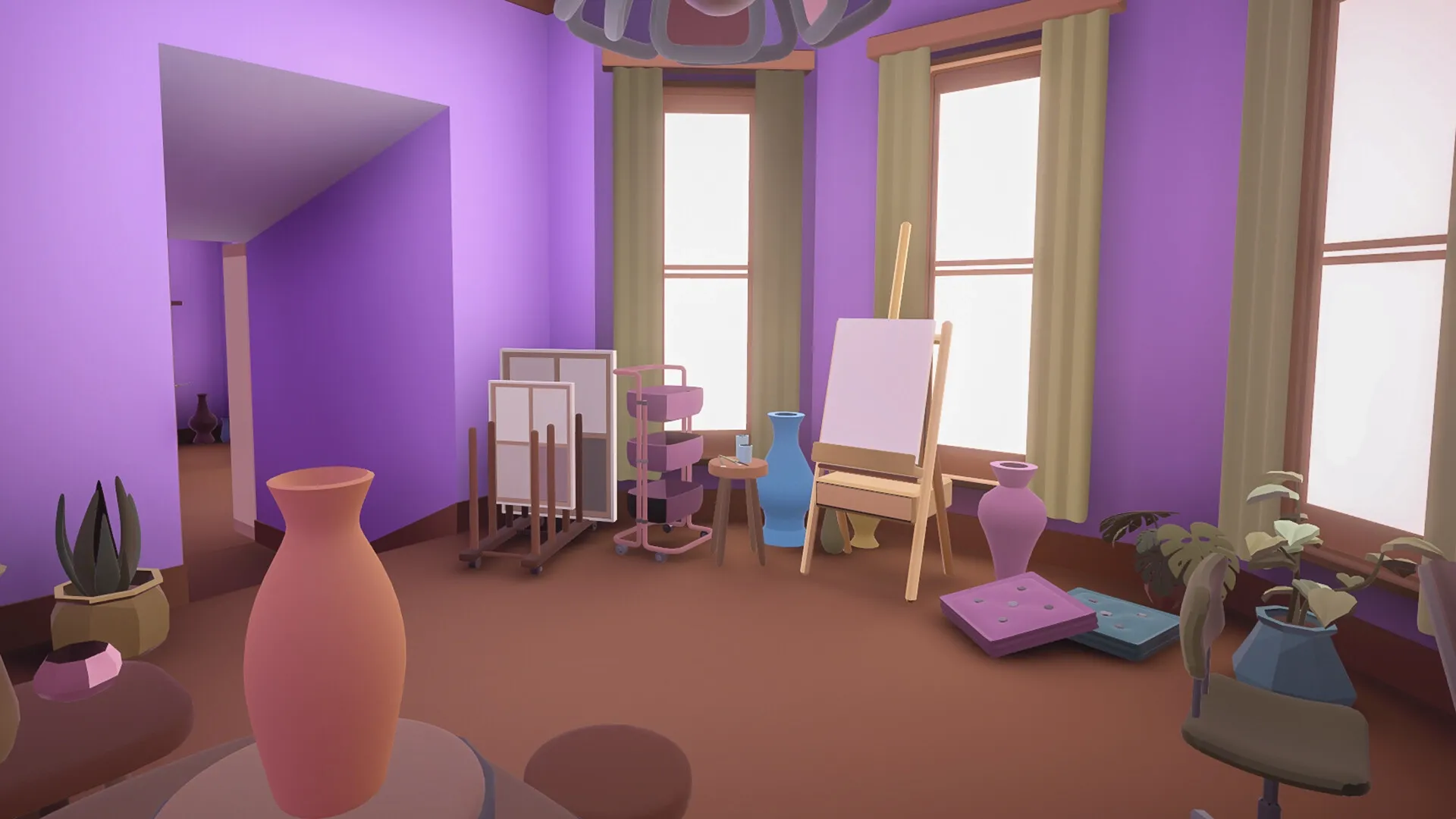 Pieces of the Past: Cozy art studio with easels, vibrant vases, and pastel walls, creating a warm atmosphere