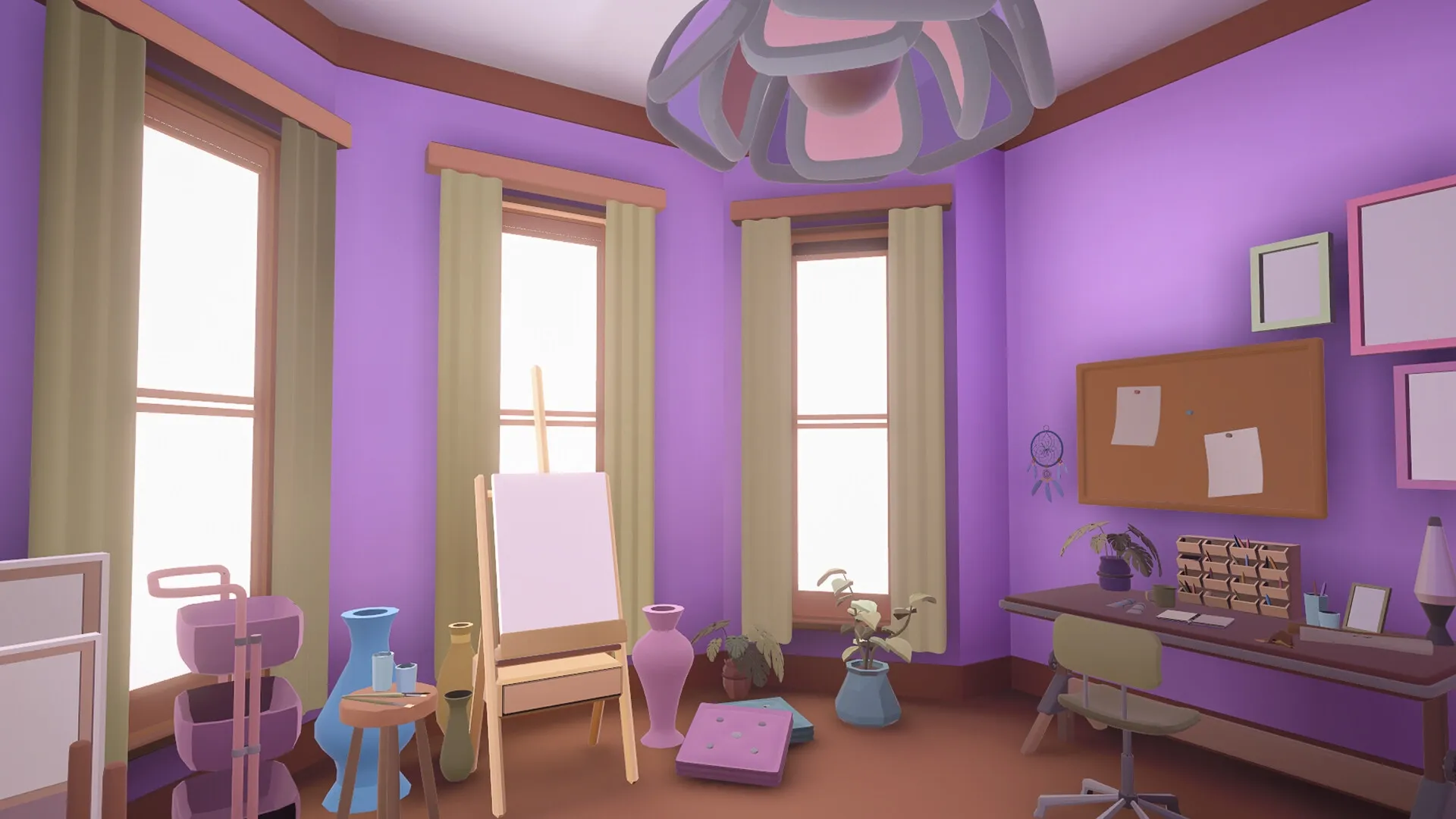Pieces of the Past: Cozy purple art studio with easel, desk, and potted plants by large windows