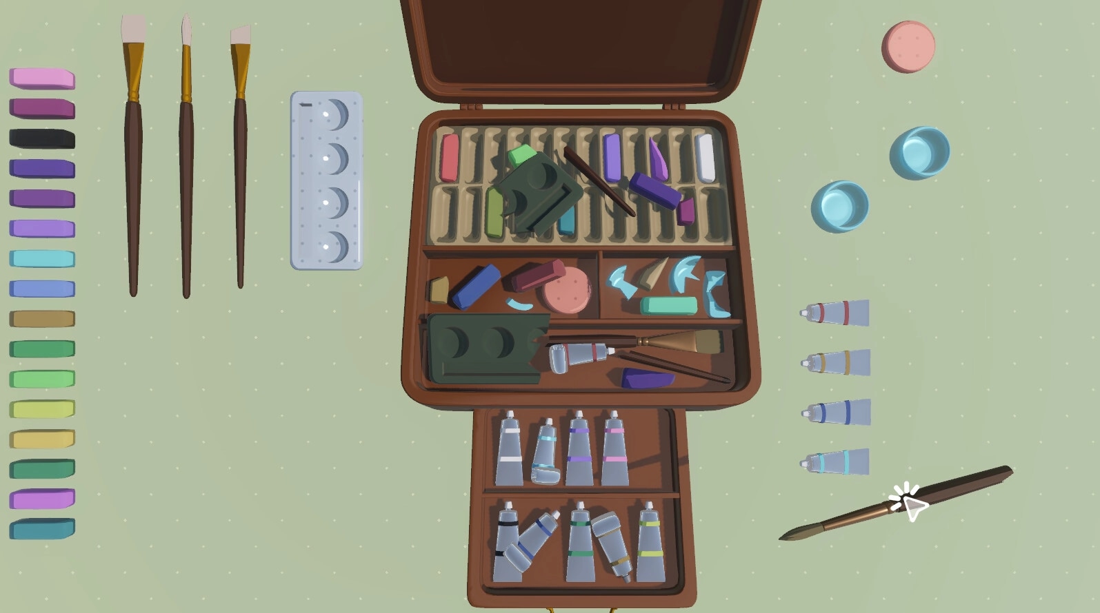 Pieces of the Past: Art restoration kit with brushes, paints, and tools laid out on a dotted surface.