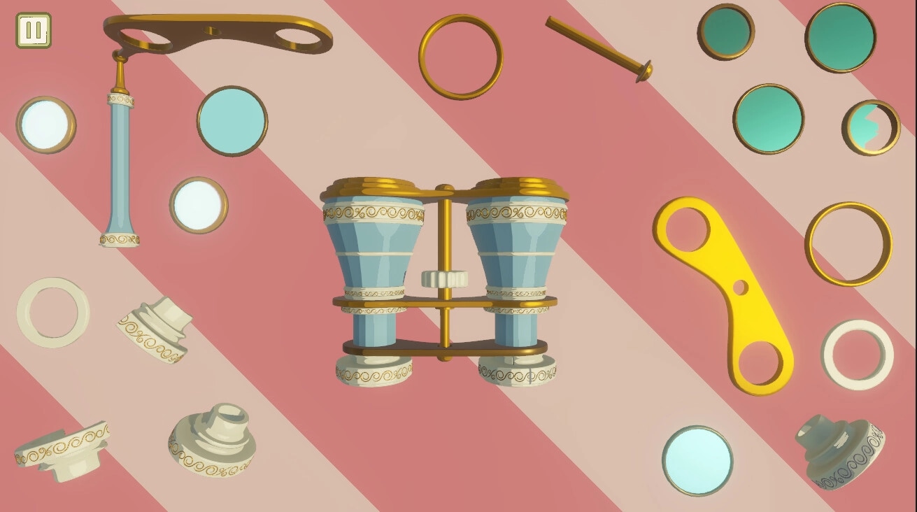 Pieces of the Past: Puzzle assembly of vintage binoculars with scattered components on striped background