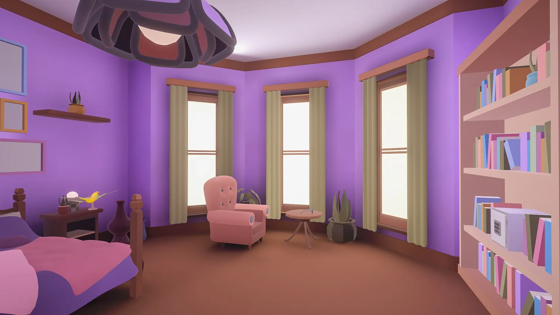 Pieces of the Past: Cozy purple bedroom with armchair, bookshelves, and large windows in soft light
