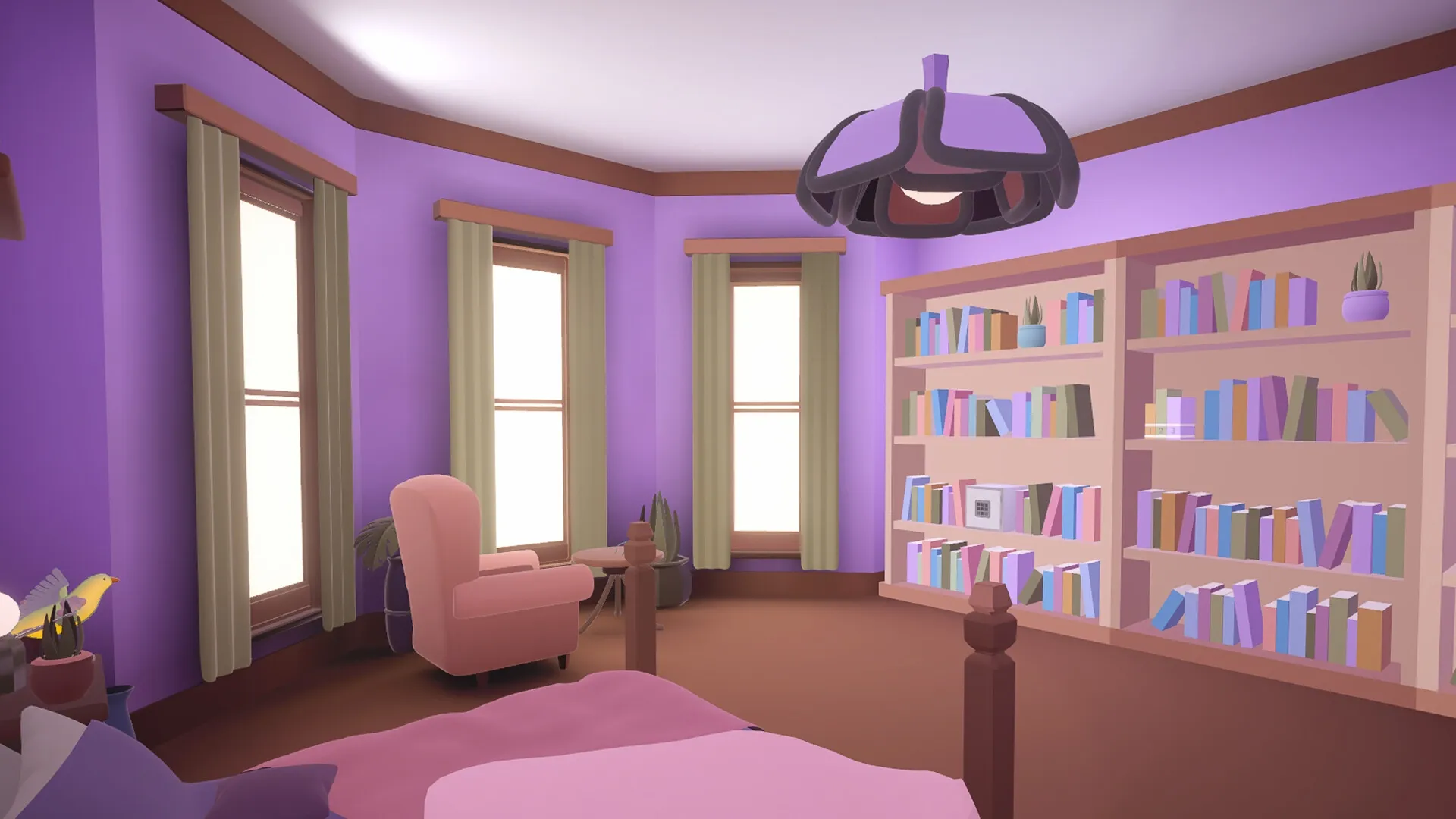 Pieces of the Past: Cozy bedroom with purple walls, bookshelves, and a pink armchair by the window