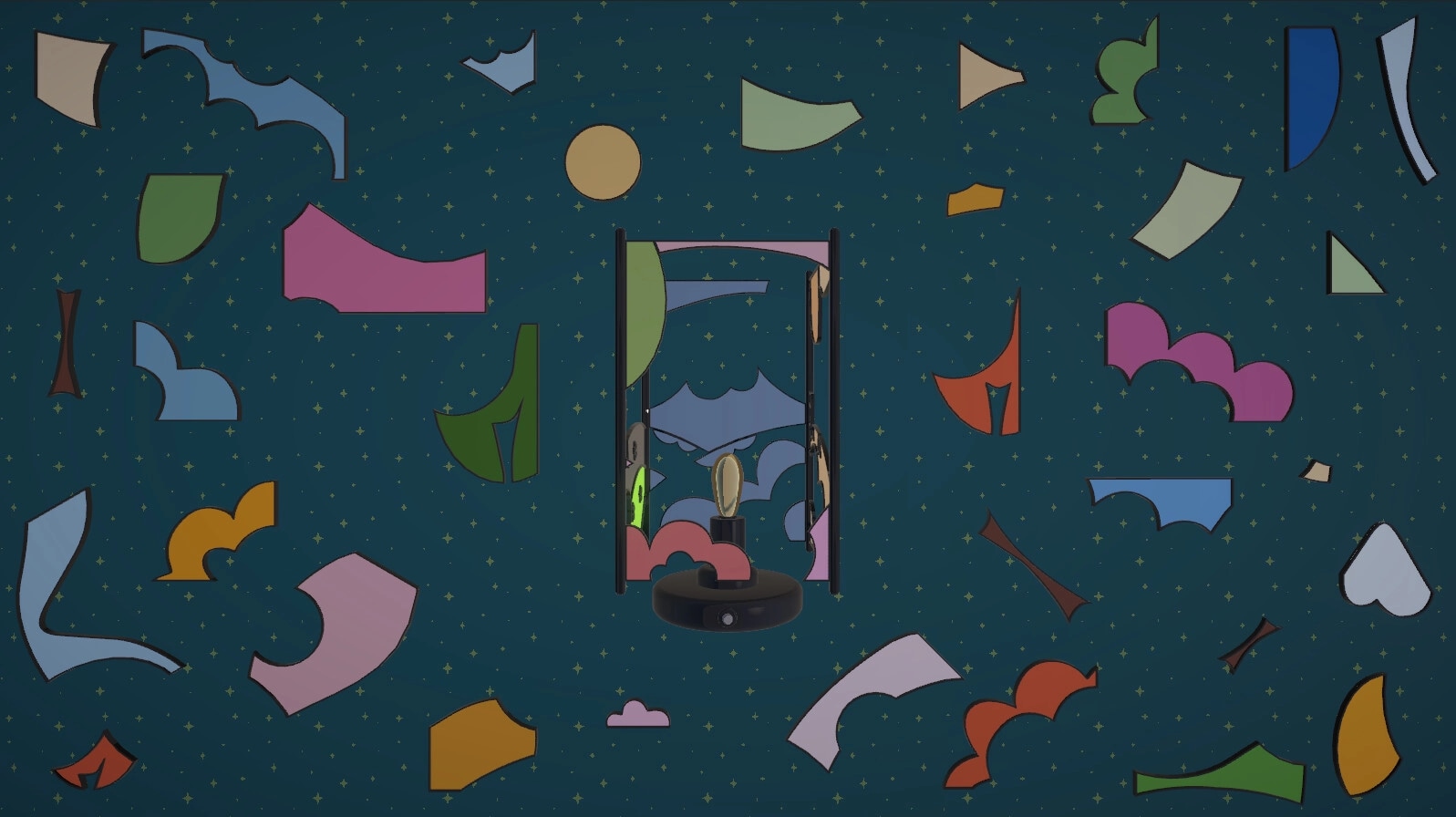 Pieces of the Past: Puzzle pieces scattered around a central display in a starry-themed background