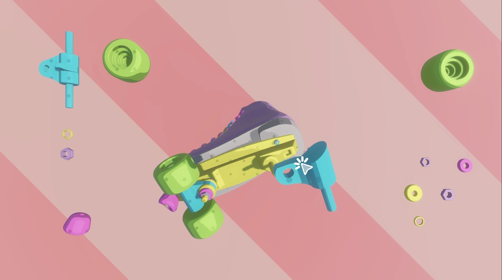 Pieces of the Past: Assembling a colorful roller skate with scattered parts in a striped pink background