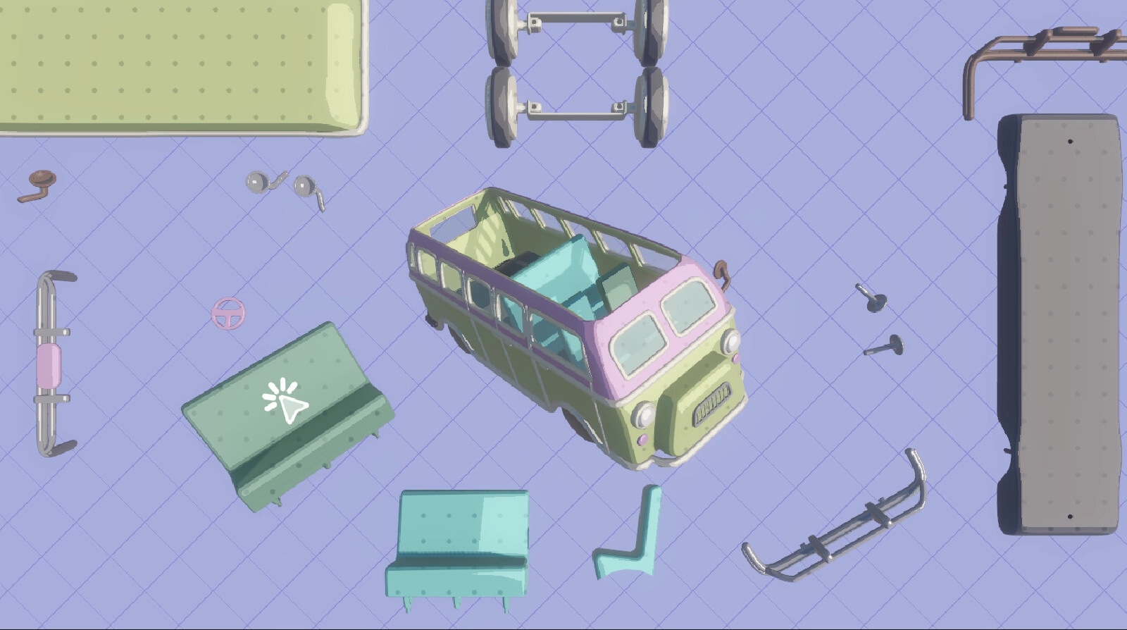 Pieces of the Past: Puzzle-solving with scattered camper van parts on a grid background
