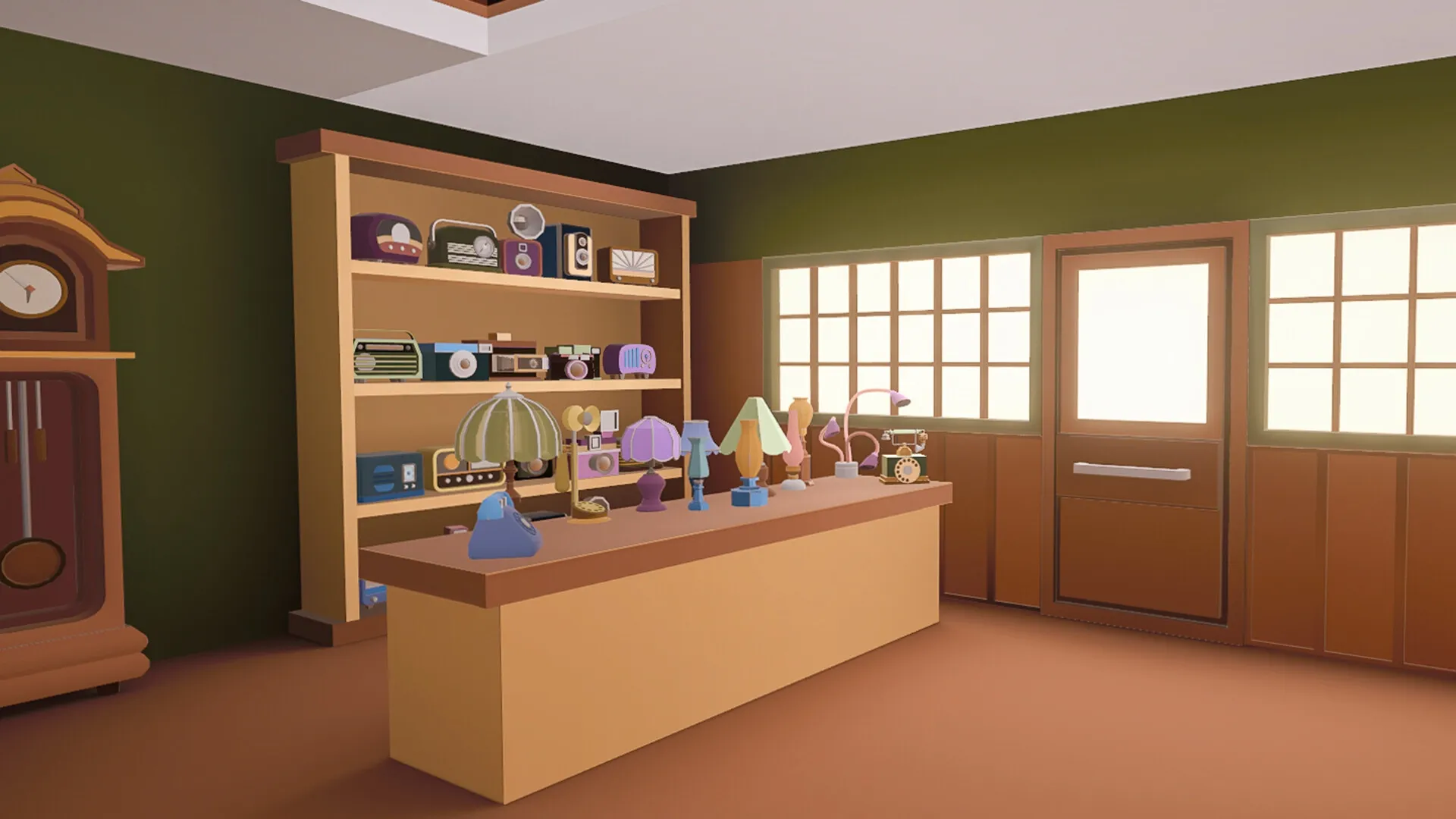 Pieces of the Past: Antique shop interior with vintage radios and lamps on shelves and counter