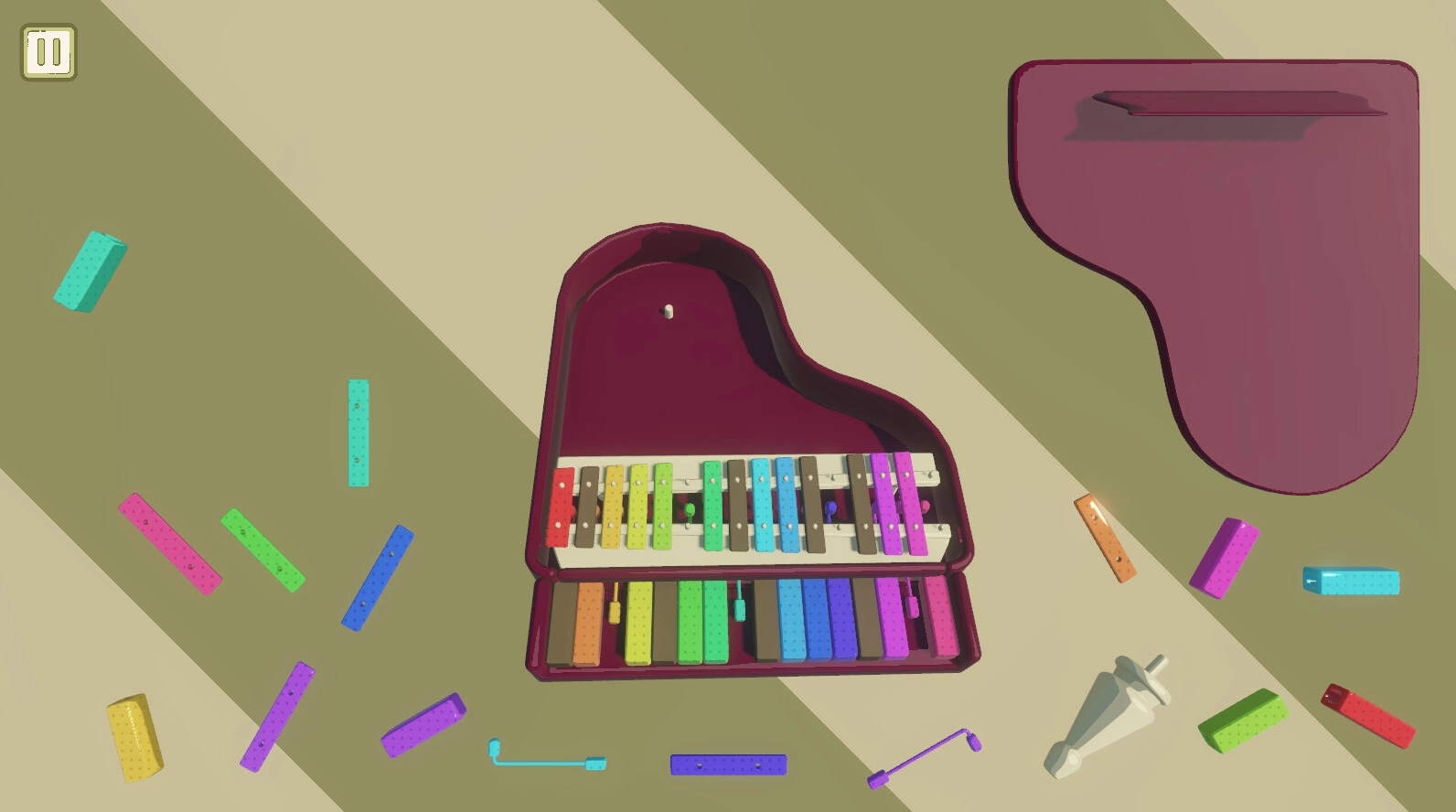 Pieces of the Past: Colorful xylophone puzzle assembly on a beige surface with scattered pieces
