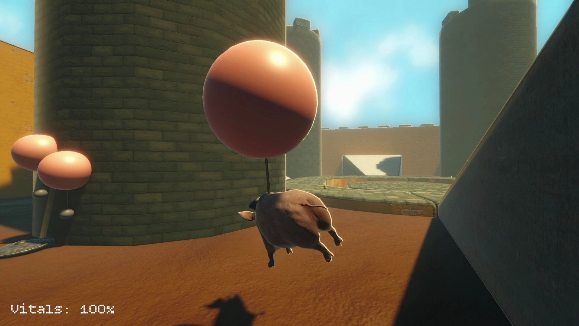Pig King: Pig with balloon floats past stone tower in castle arena, vitals 100% HUD visible.