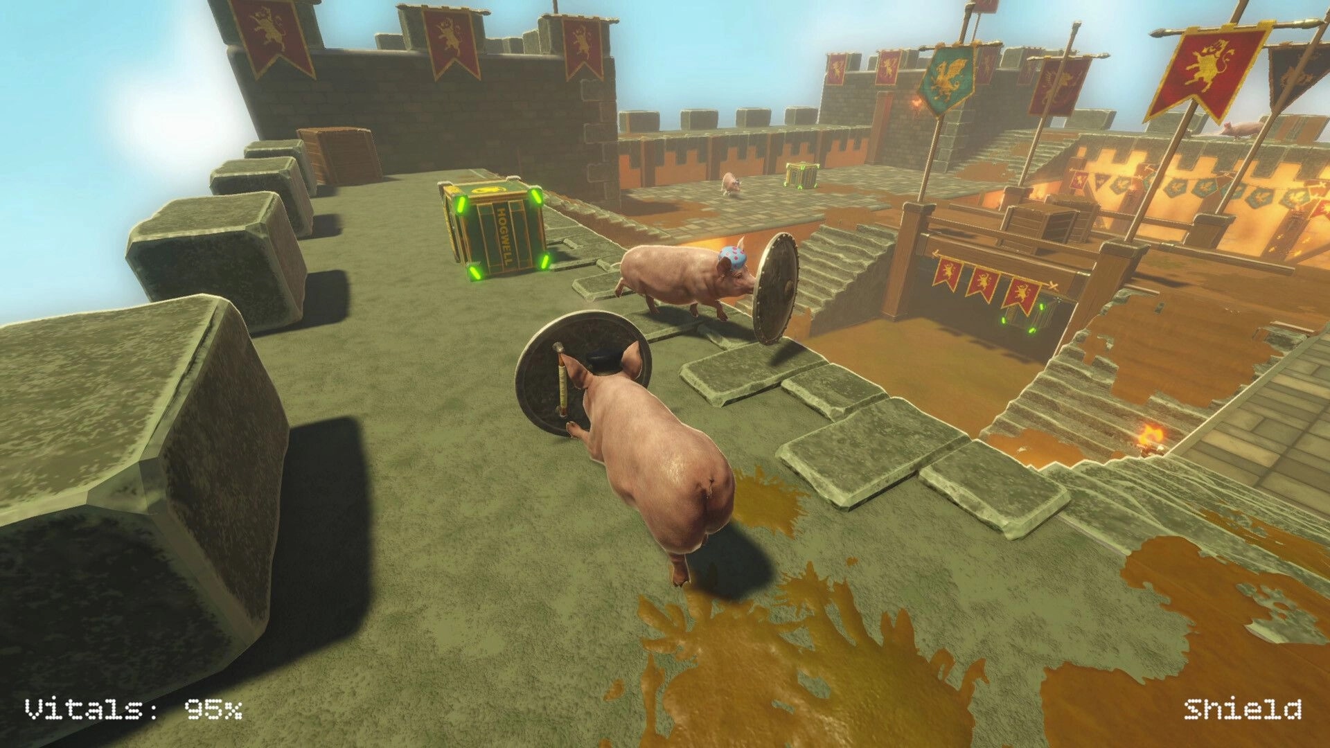 Pig King: Two pigs wield shields on castle battlements near crates, vitals 85% and Shield UI visible.