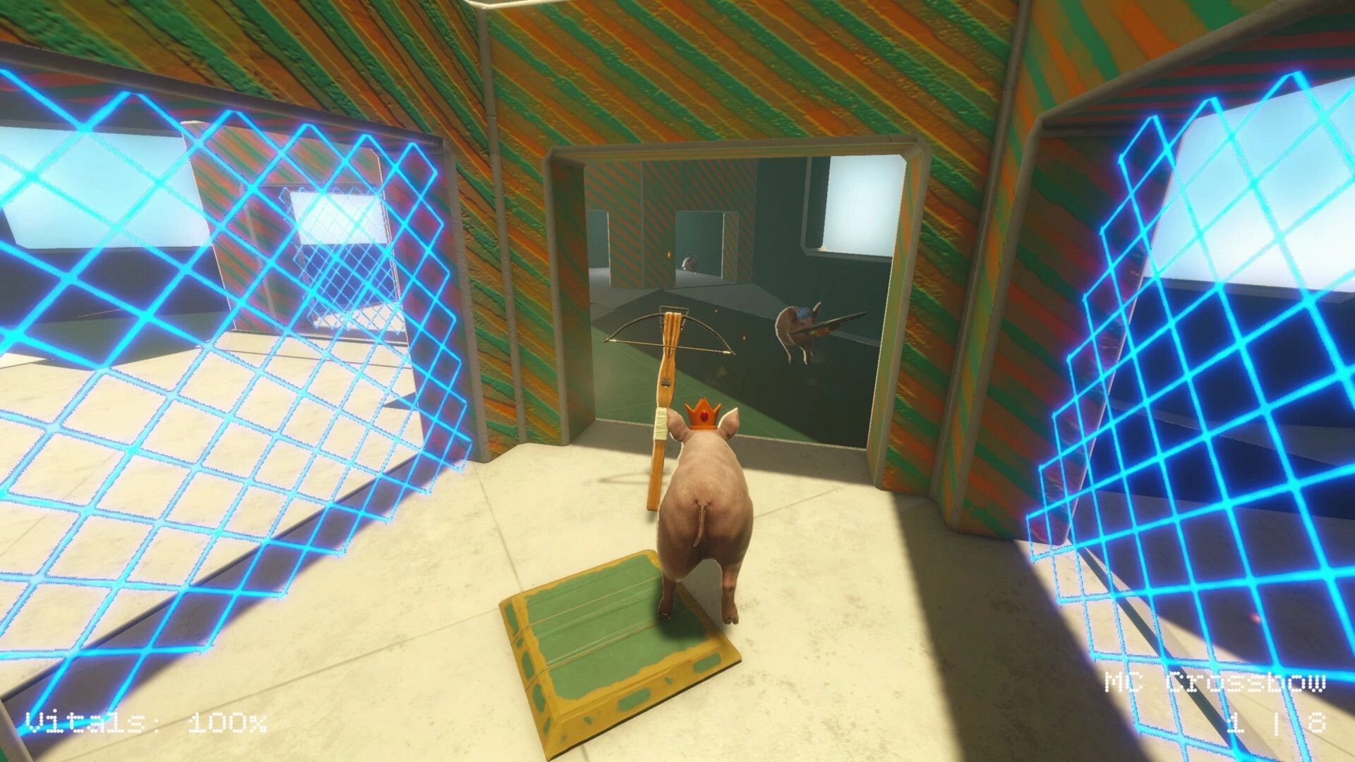 Pig King: Crowned pig aims a bow at another pig in a neon-grid arena room with doorways ahead.