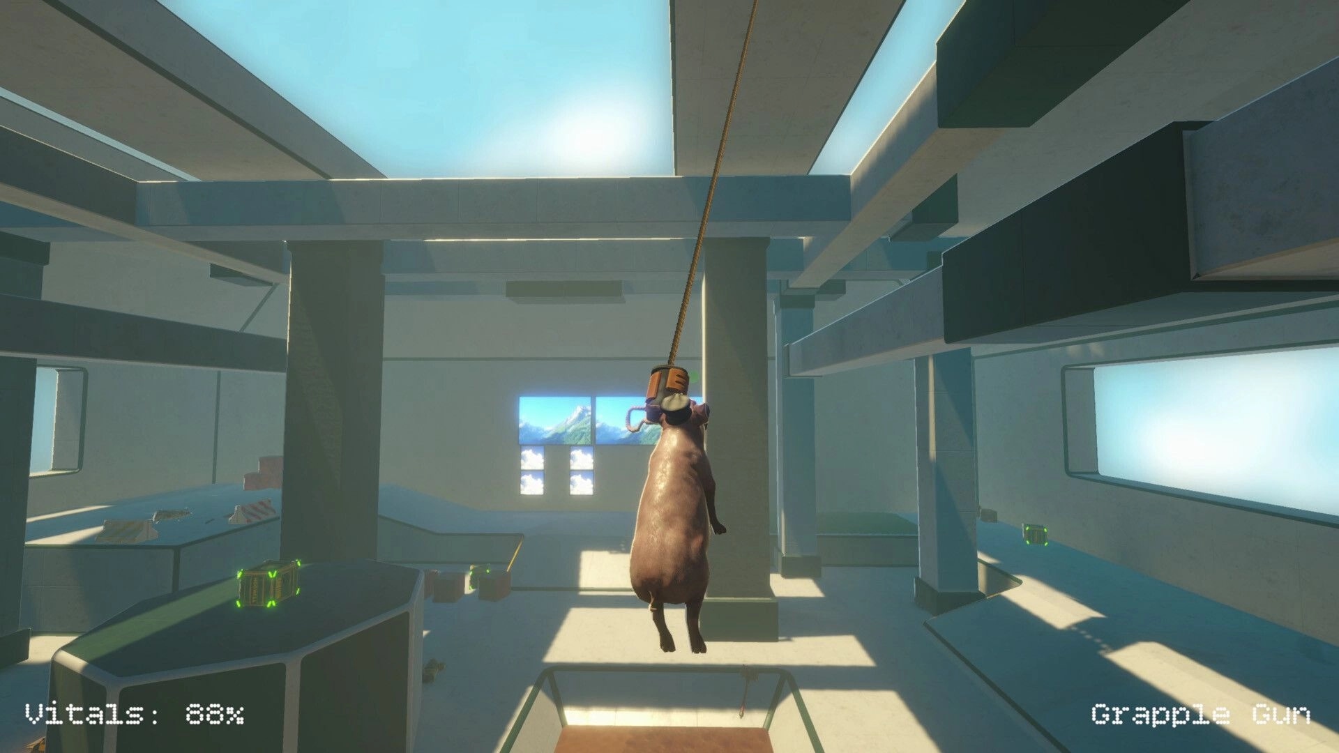 Pig King: Pig hangs from a grapple line in a bright concrete arena, vitals 88% and Grapple Gun UI.