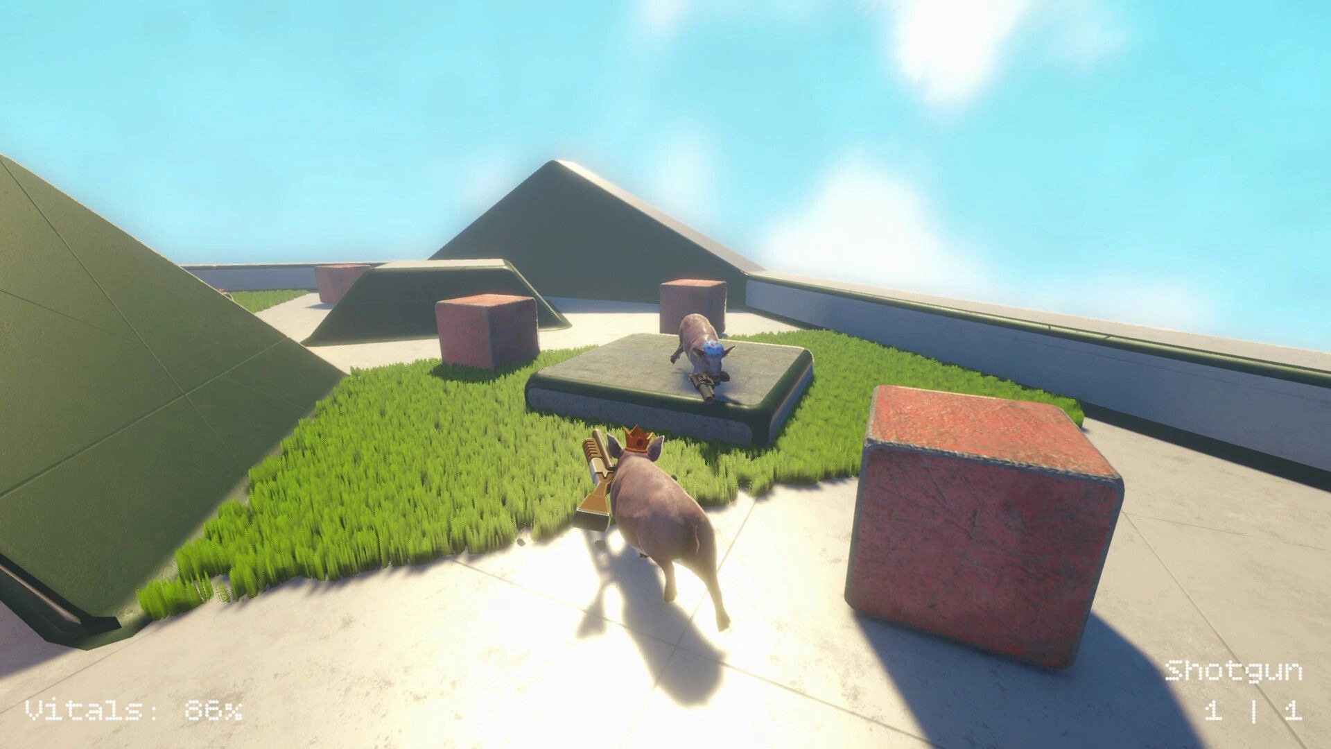 Pig King: Crowned pig aims shotgun at another pig on grassy blocky arena, vitals 86% UI.