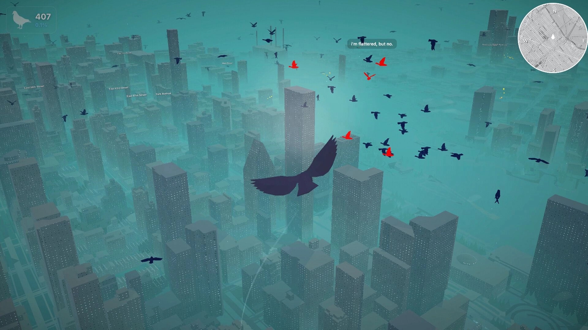 Pigeon: Flock of birds gliding over foggy city skyline, score counter and circular minimap HUD visible.