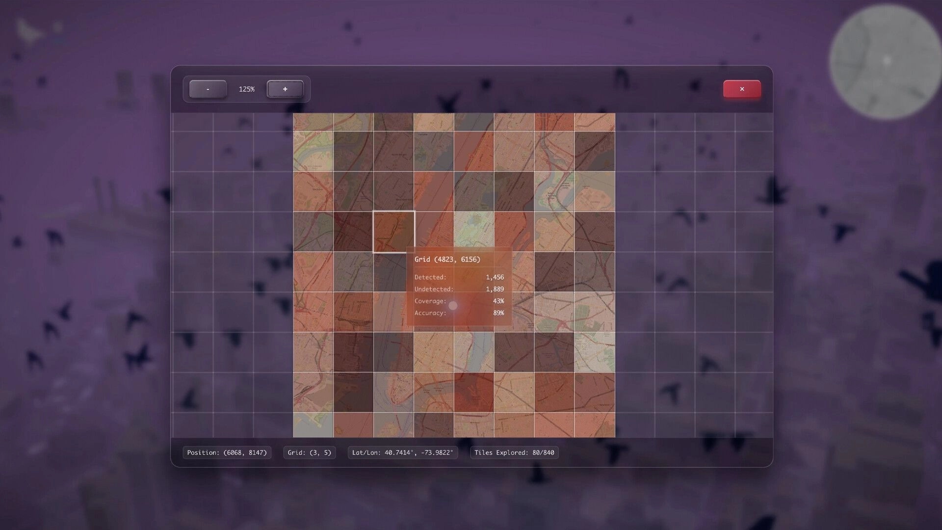 Pigeon: Grid map interface with zoom controls and tile stats overlay on a purple sky backdrop.