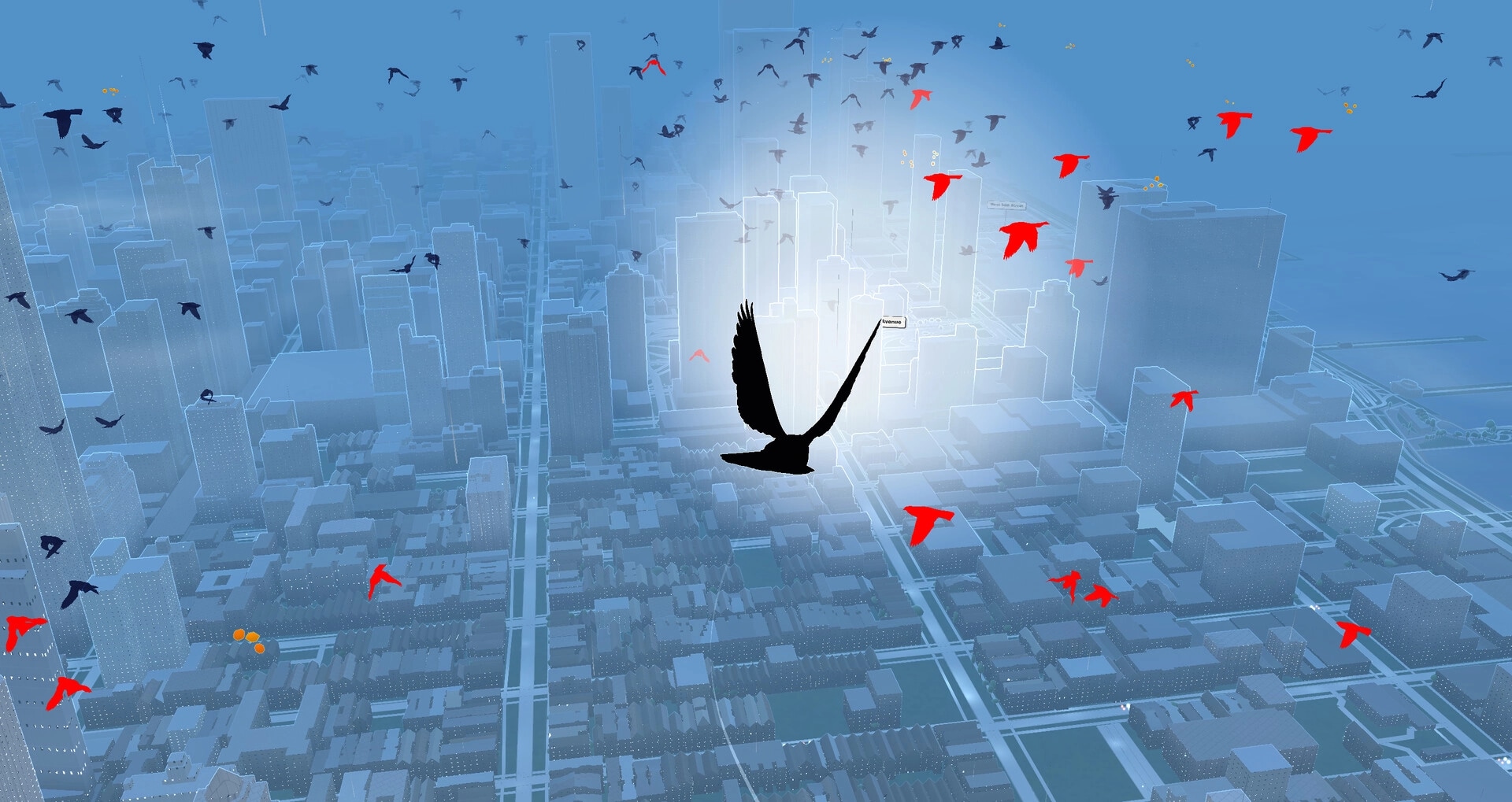 Pigeon: Silhouette pigeon flying over blue city skyline, flock of red and black birds in sky.