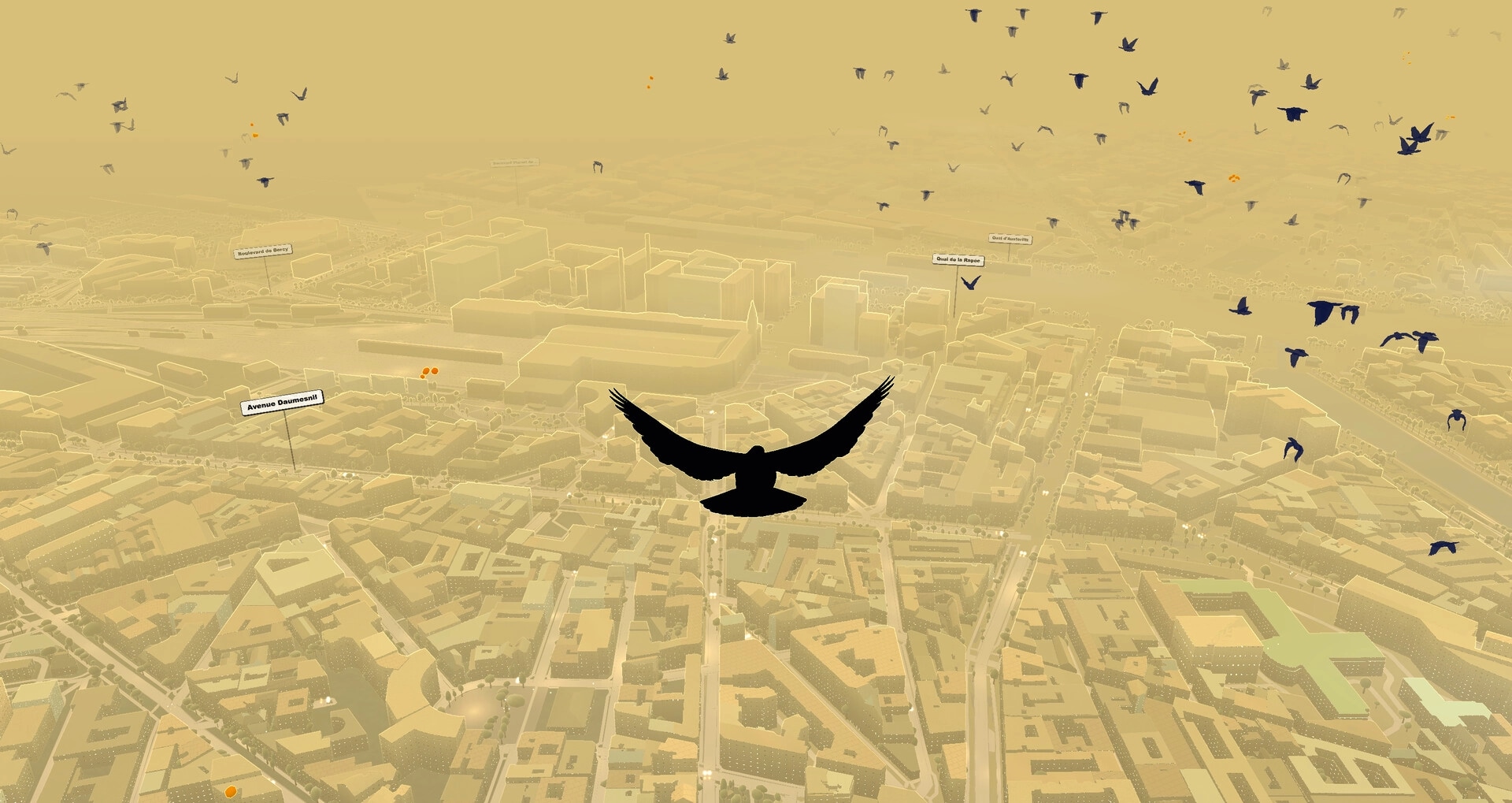 Pigeon: Silhouette pigeon gliding above a hazy city map with floating street labels and flocks ahead.