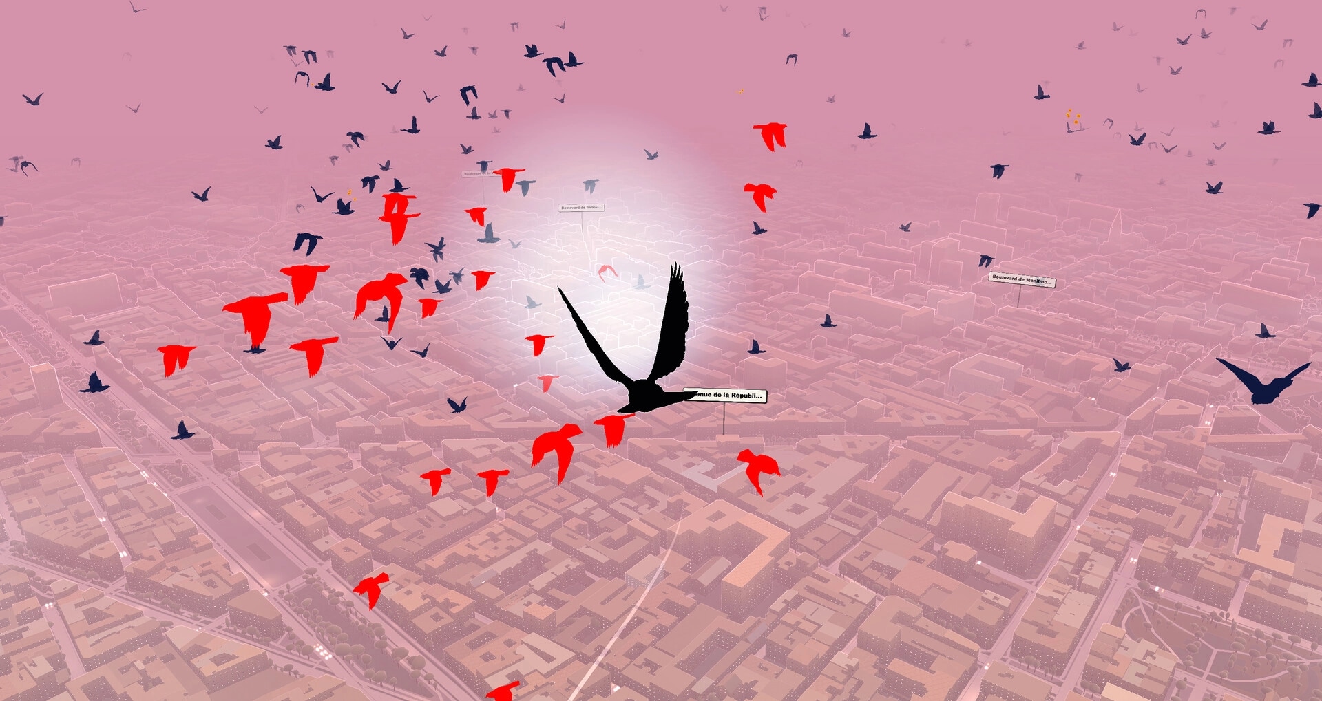 Pigeon: Flock of red and black bird silhouettes flying over a pink city map with street labels.