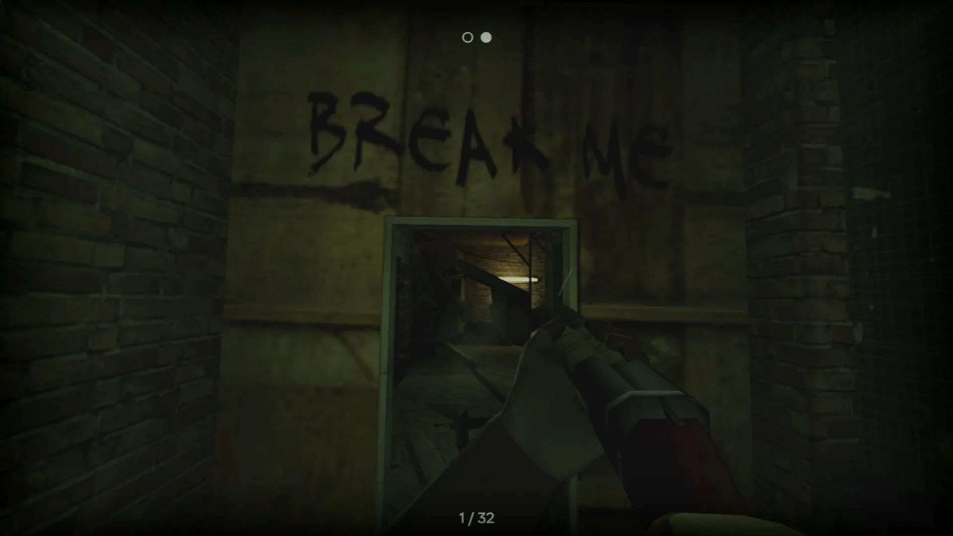 PIGFACE: Player aims shotgun at dark corridor with "BREAK ME" graffiti in dimly lit brick hallway.