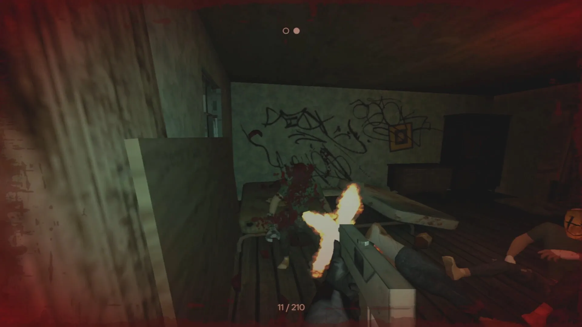PIGFACE: Player character fires gun in a dimly lit, graffiti-covered room with two enemies on the floor.