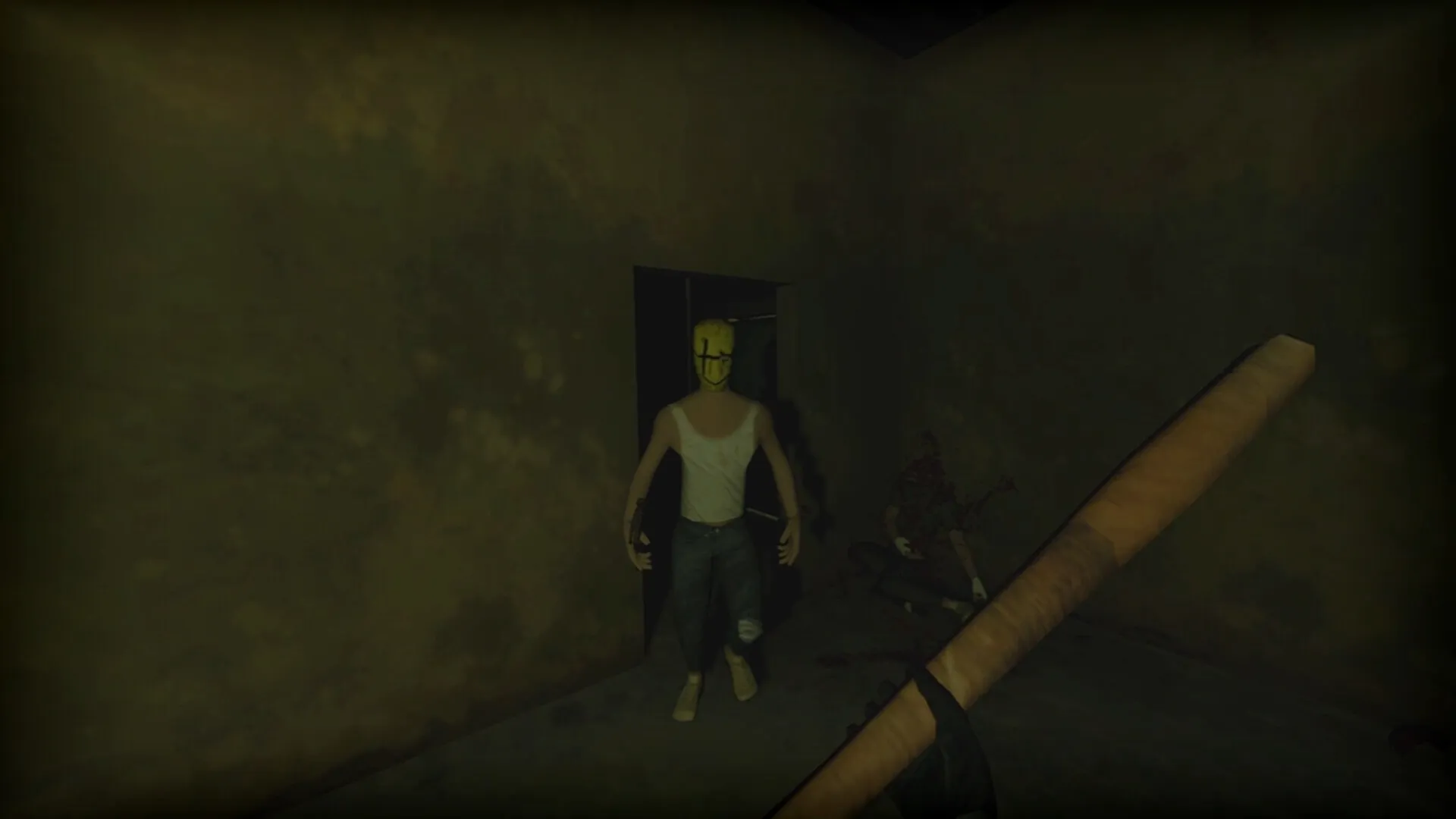 PIGFACE: Player wields bat facing masked enemy in dimly lit room with grimy walls and lurking shadowy figure.