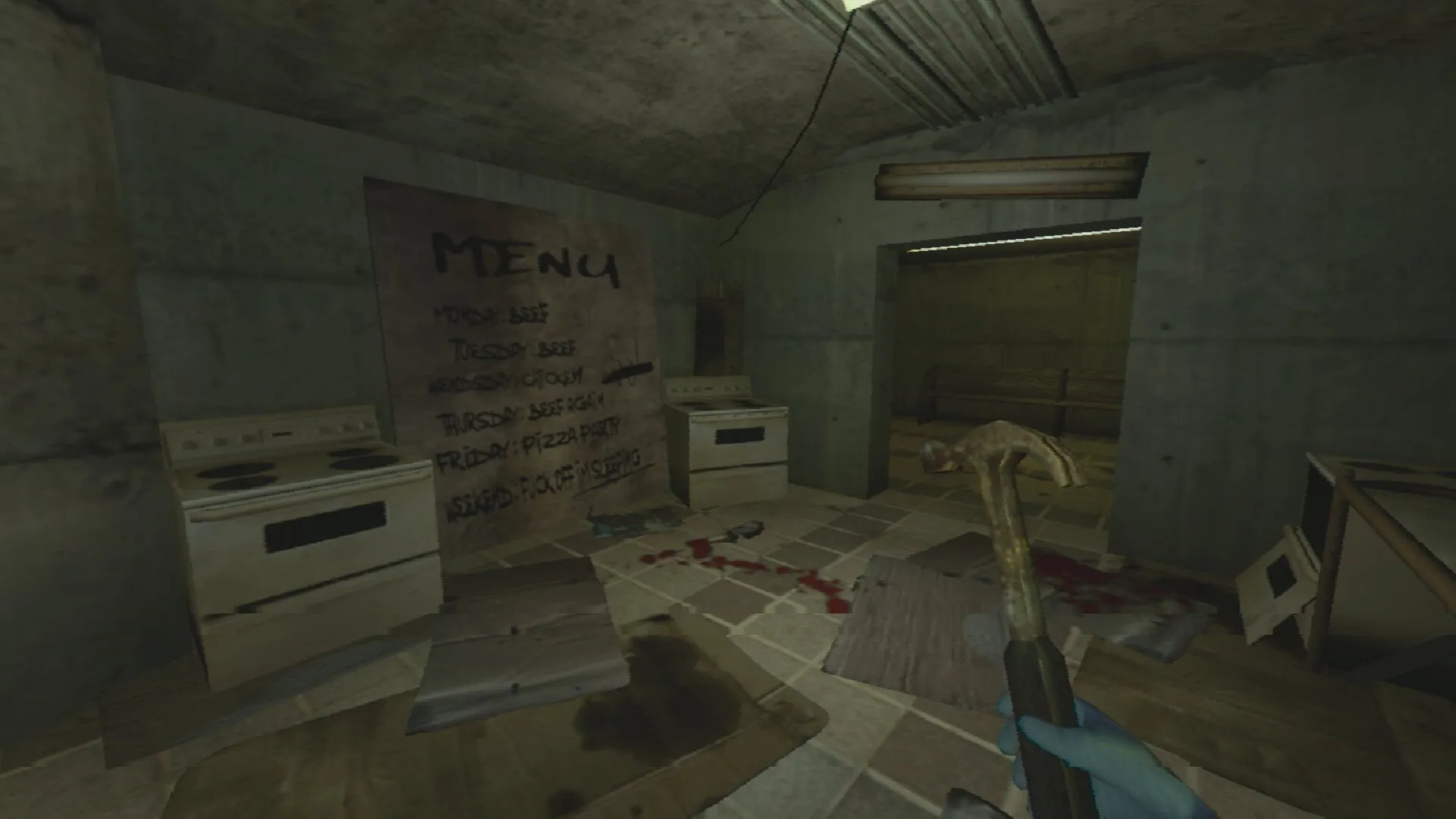 PIGFACE: Player holds a hammer in a dim kitchen with a blood-stained floor and a menu board on the wall.
