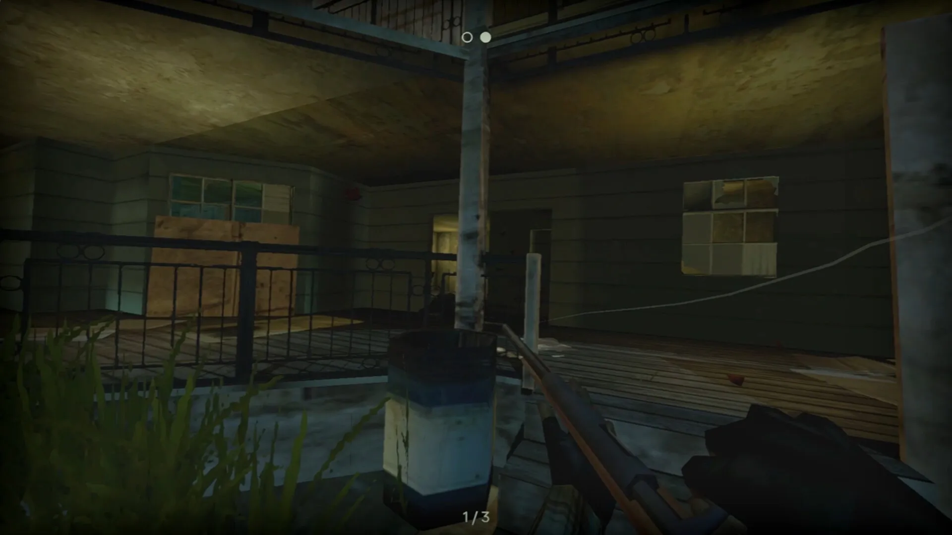 PIGFACE: Player holding a rifle cautiously explores a dimly lit, abandoned building with boarded windows.