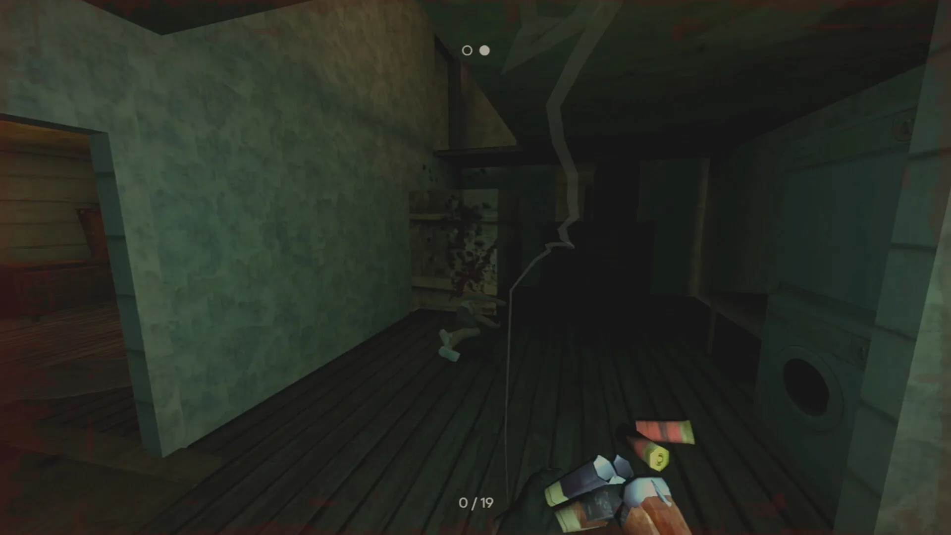 PIGFACE: Dark hallway exploration with blood-splattered walls, player holding a stack of colorful items.