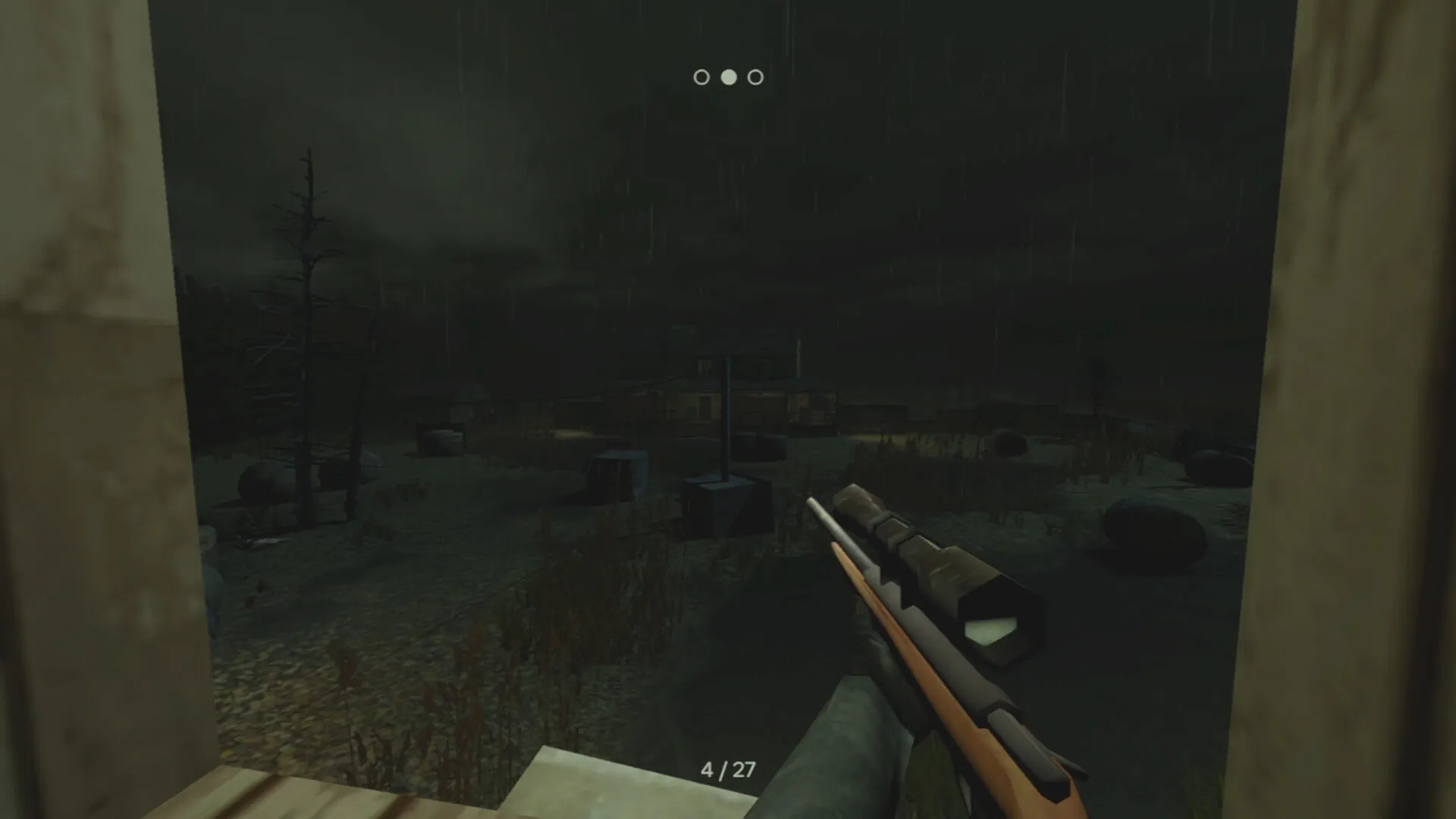 PIGFACE: First-person view with a rifle in a dark, eerie environment with scattered barrels and dead trees.