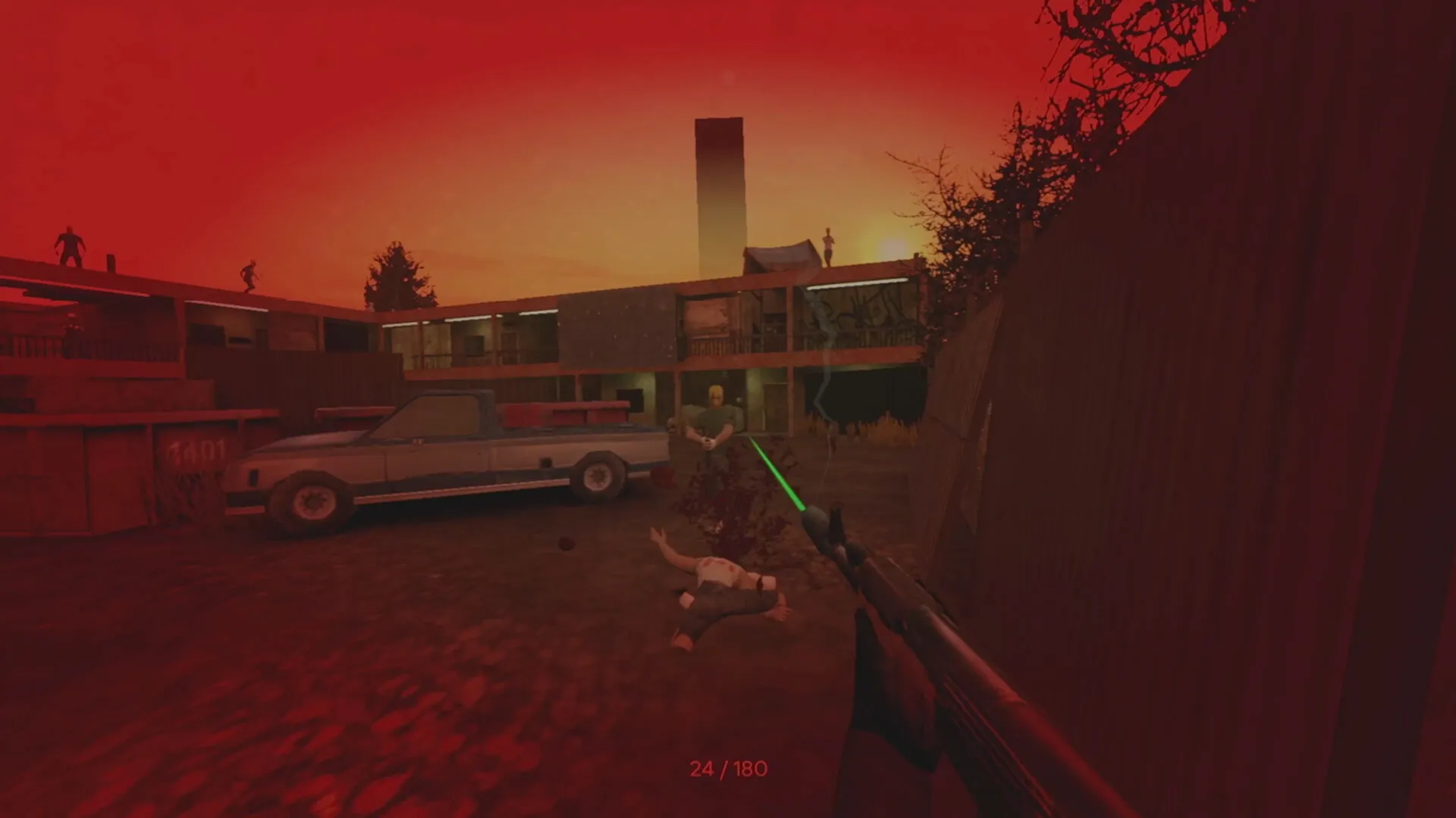 PIGFACE: First-person view of gunfight in a dimly lit courtyard with scattered enemies and a pickup truck.
