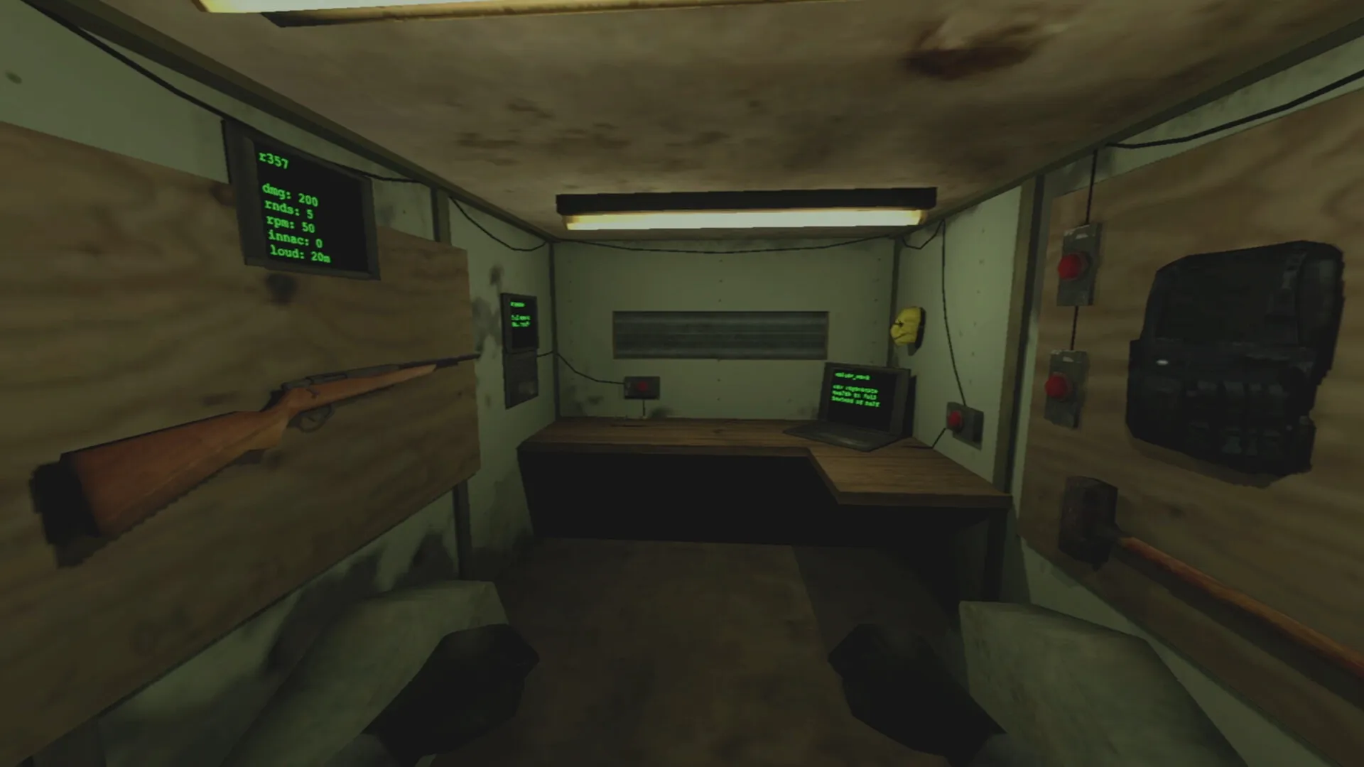 PIGFACE: Small control room with a rifle on the wall, monitors displaying green text, and equipment.