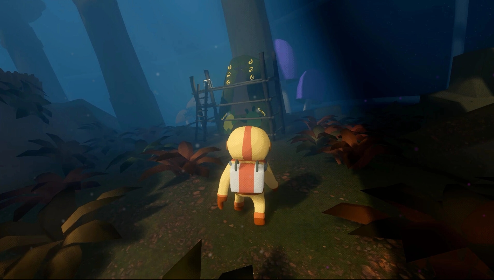 Pikku Adventure: Backpacker walks toward rune-marked stone and ladder in a misty alien forest path.