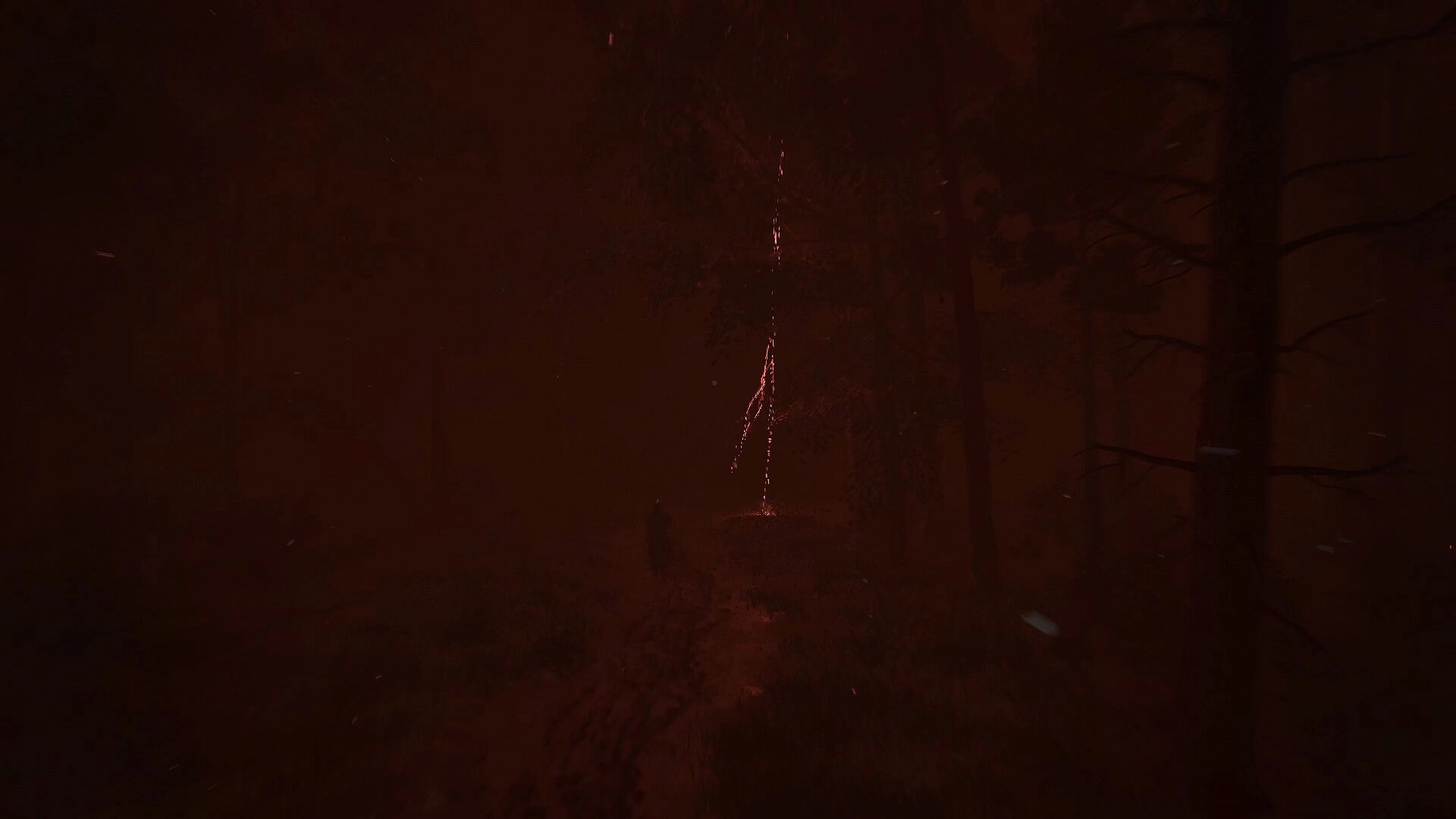 Pilgrim of Darkness: Dark tunnel view with glowing red fissure ahead in a smoky cavern corridor.