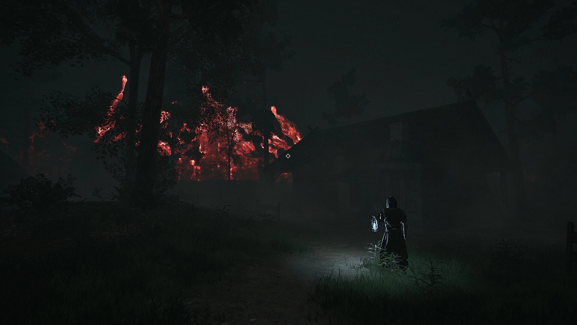 Pilgrim of Darkness: Hooded pilgrim holds a lantern on a path by a cabin under red-lit trees at night.