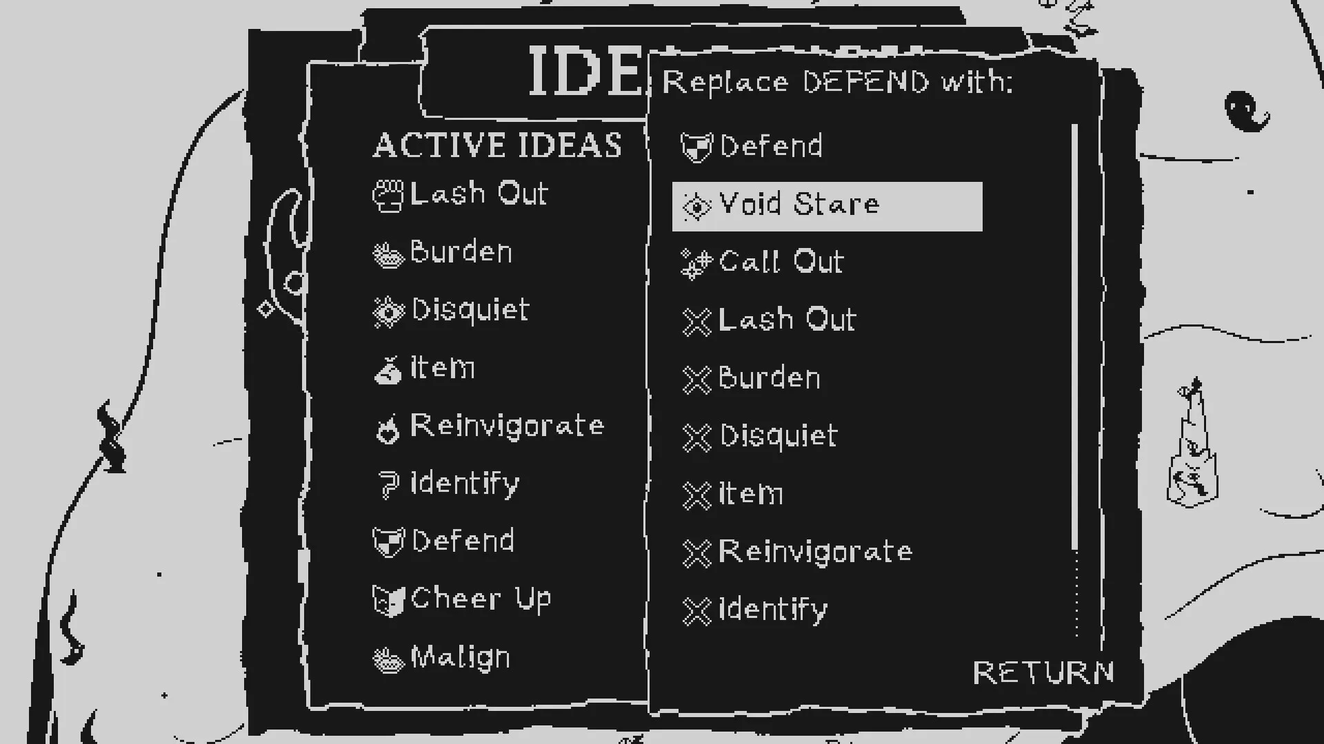 PILLORY: Menu screen showing Active Ideas list and replacing Defend with Void Stare at the bottom of Promontory
