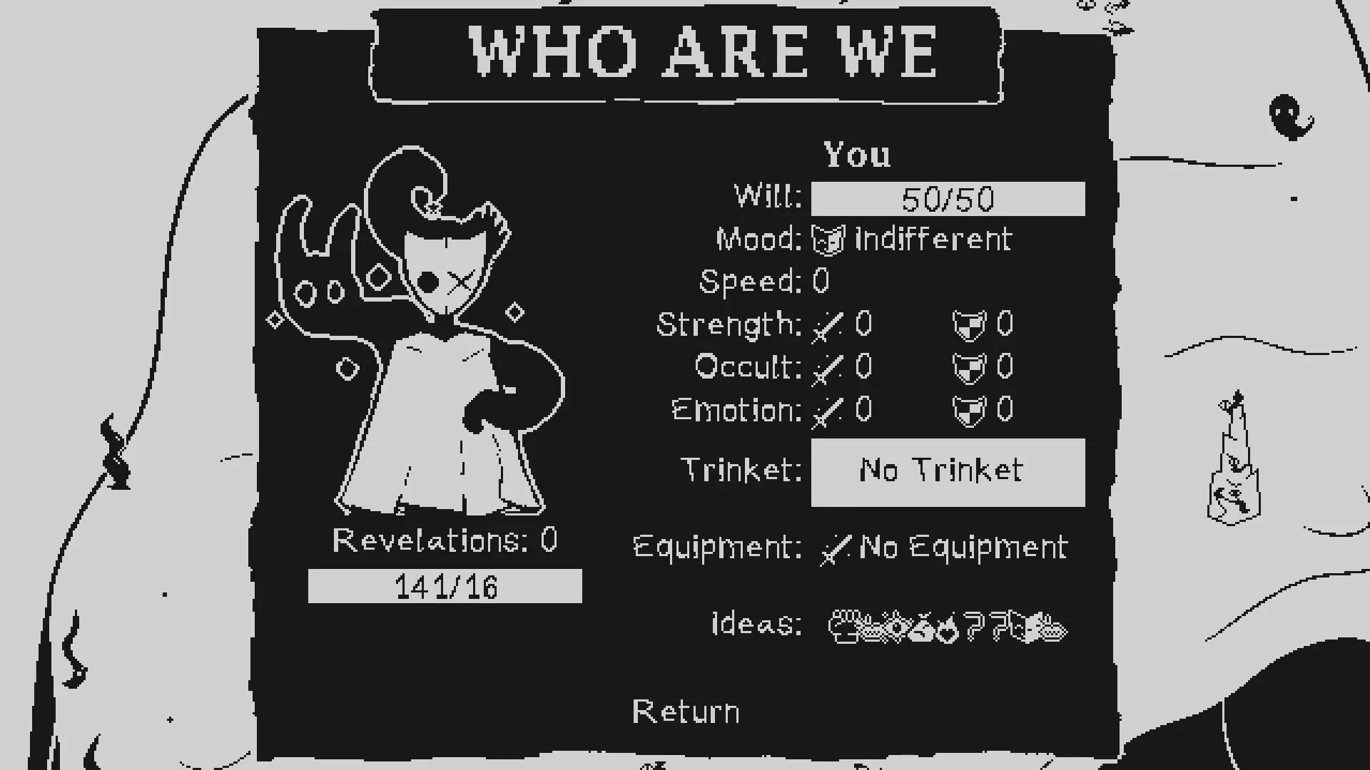 PILLORY: Character stats screen displaying willpower, mood, and equipped items in a dark setting.