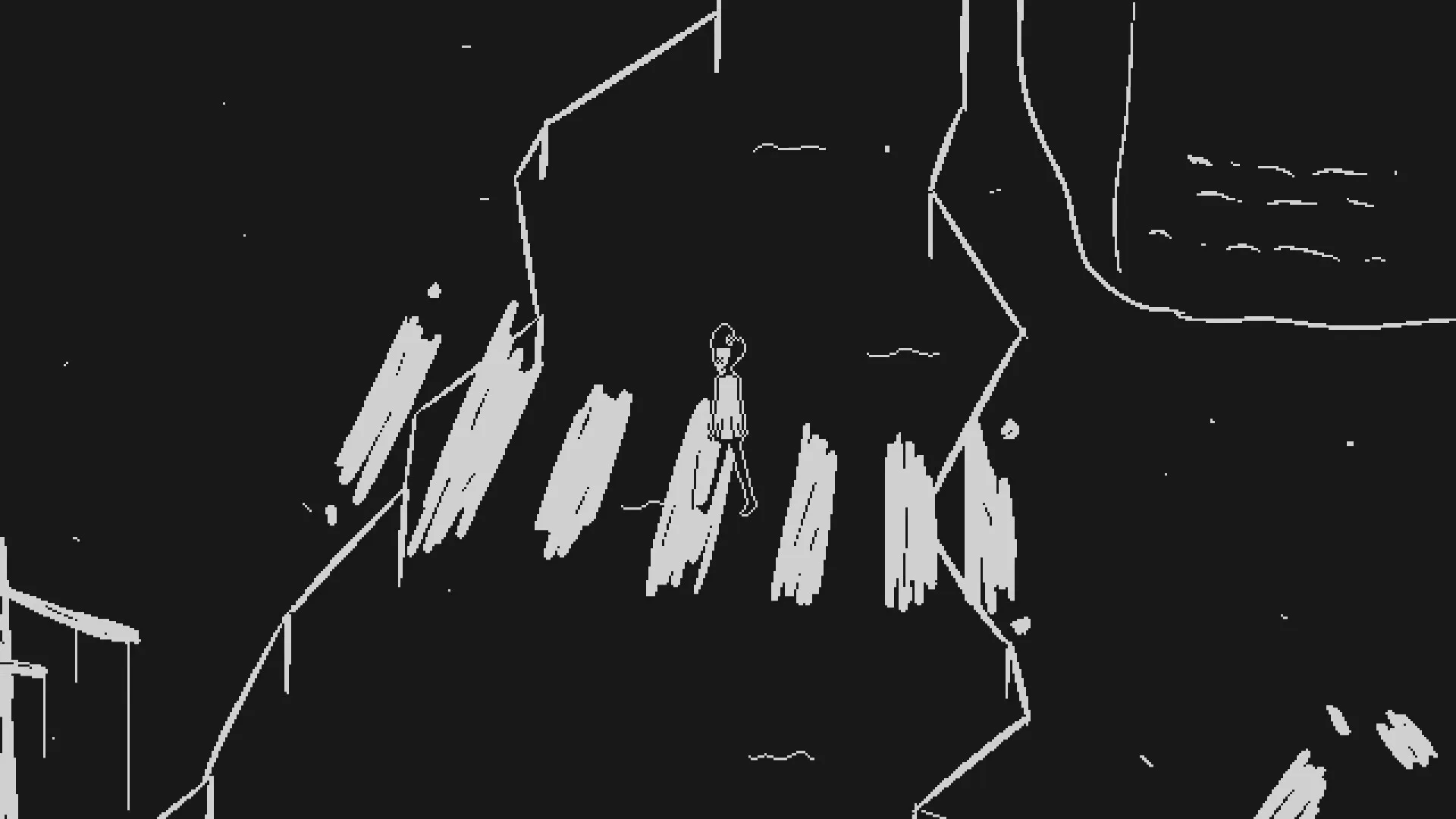PILLORY: Character walking through a dark, abstract environment with stark white lines and shadows