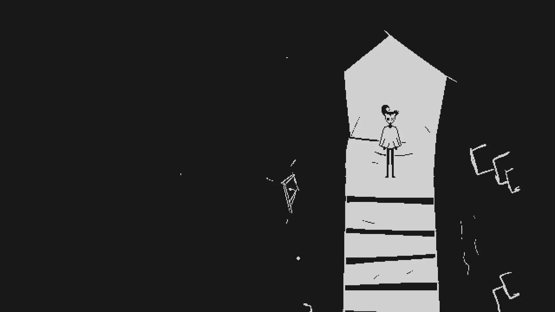 PILLORY: Character standing in a dimly lit room with geometric patterns on the walls and floor.