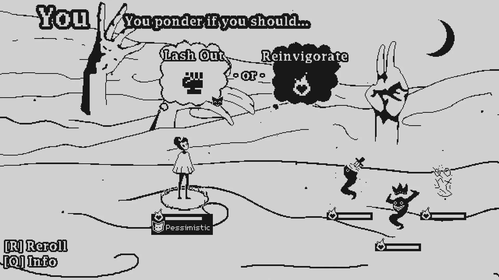 PILLORY: Player decides between "Lash Out" or "Reinvigorate" in a surreal desert combat setting.